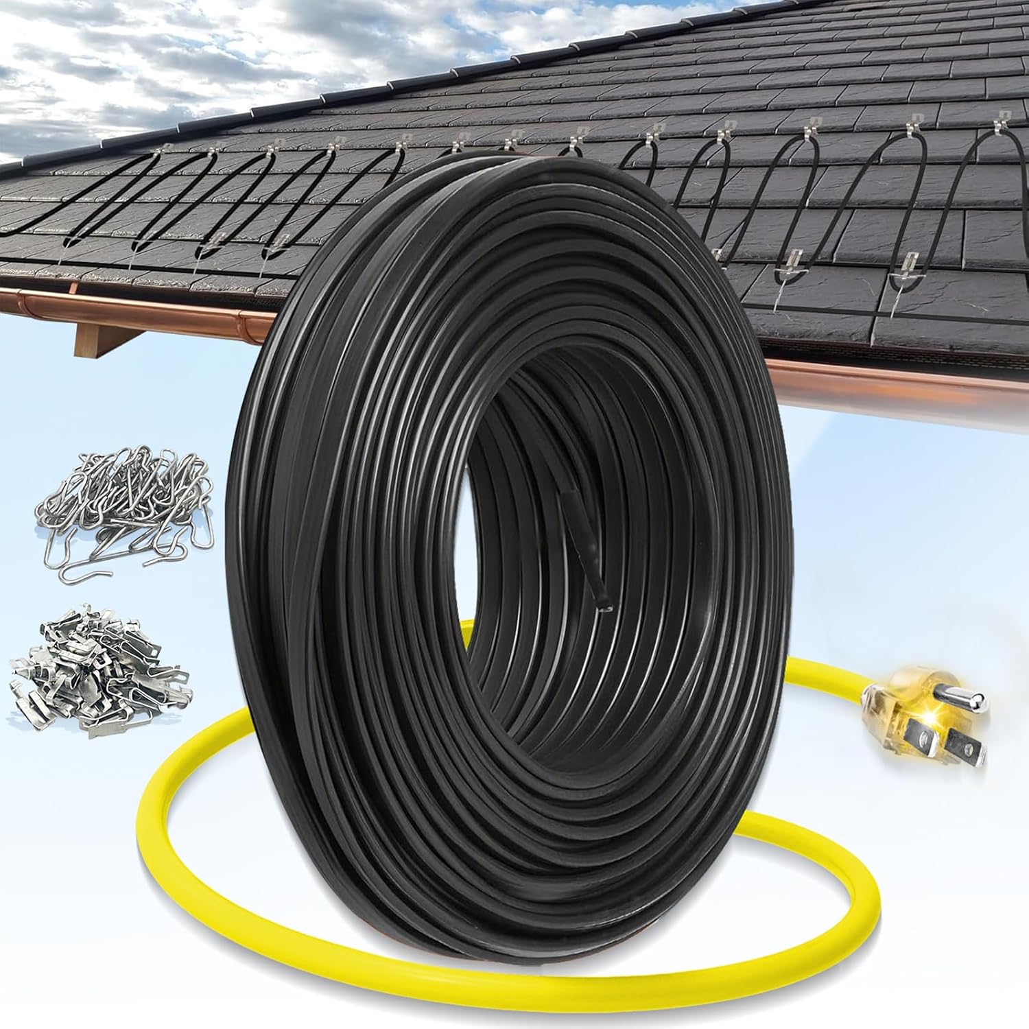 15 FT Gutter Heat Cable Kit, 6 W/FT Heat Tape for Roof and Gutters, Self-Regulating Roof Melt Heating Snow De-Icing Cable, 120V