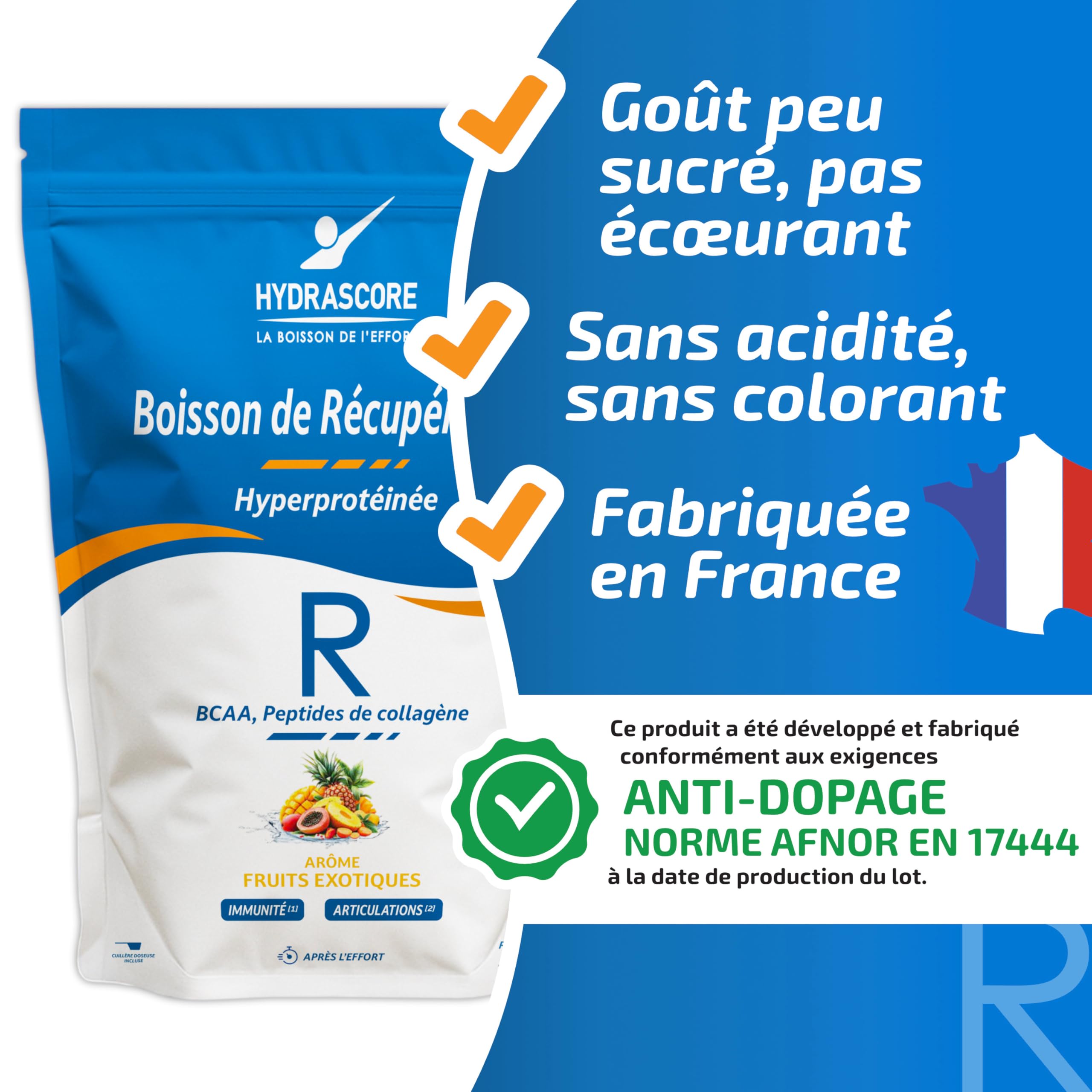 Hydrascore - Boisson de Récupération Fruits Exotiques 1200 g - Boisson Hyperprotéinée Après l’Effort – Récupération Muscles, Articulation Courbatures - Protéines & BCAA - Running, Trail, Vélo - H1047