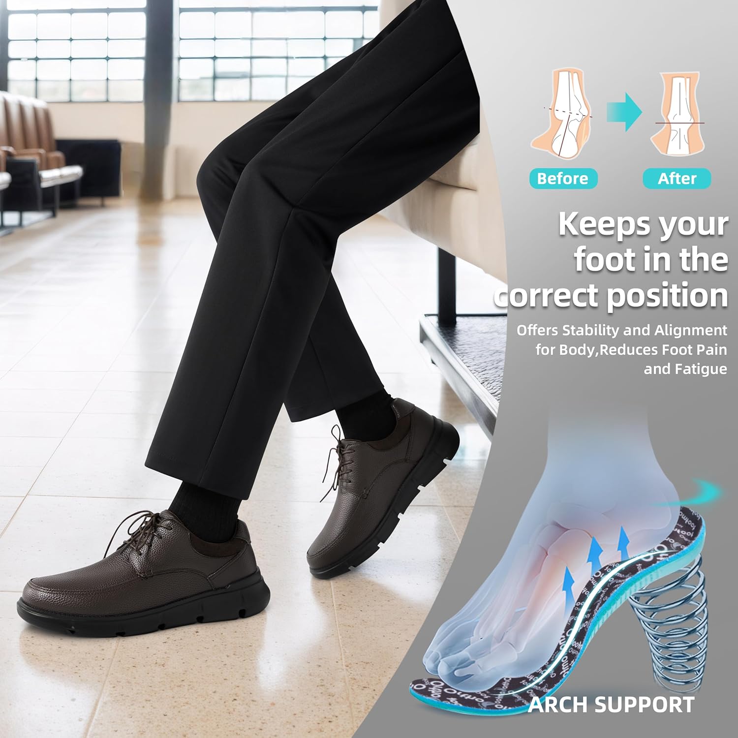 Men's Orthopedic Wide Business Leather Dress Shoes - Arch Support Plantar Fasciitis Casual Formal Wingtip Oxford - Comfortable Cap Toe Orthotics Patent Tuxedo Sneakers for Foot and Heel Pain Relief - Image 2