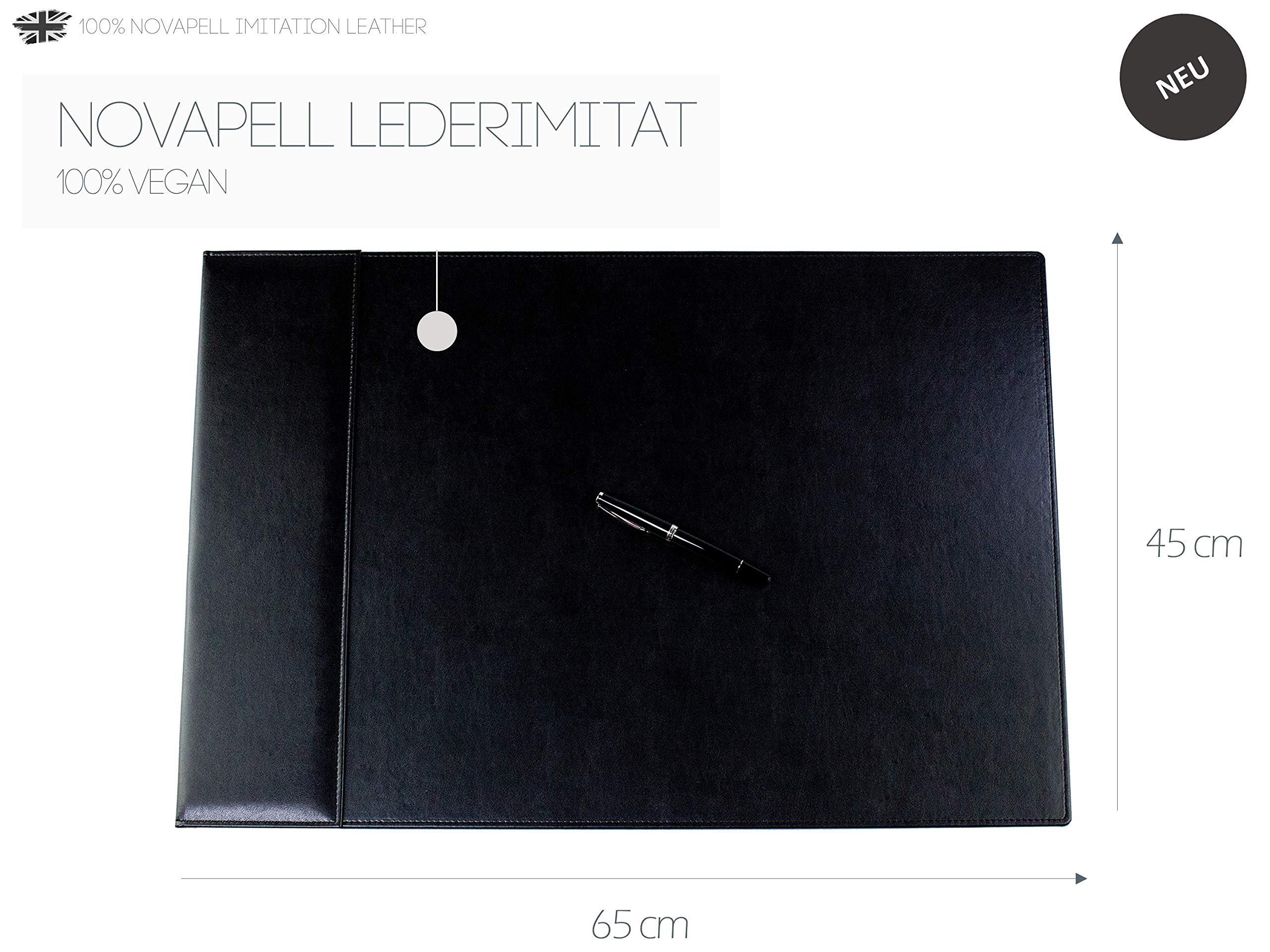 DELMON VARONE - personalisierbare Schreibtischunterlage mit Klappleiste 65 x 45 cm inkl. Block & Kalender 2026/2027 Lederimitiat Schwarz - Rutschfeste Kunstleder Schreibunterlage abwischbar