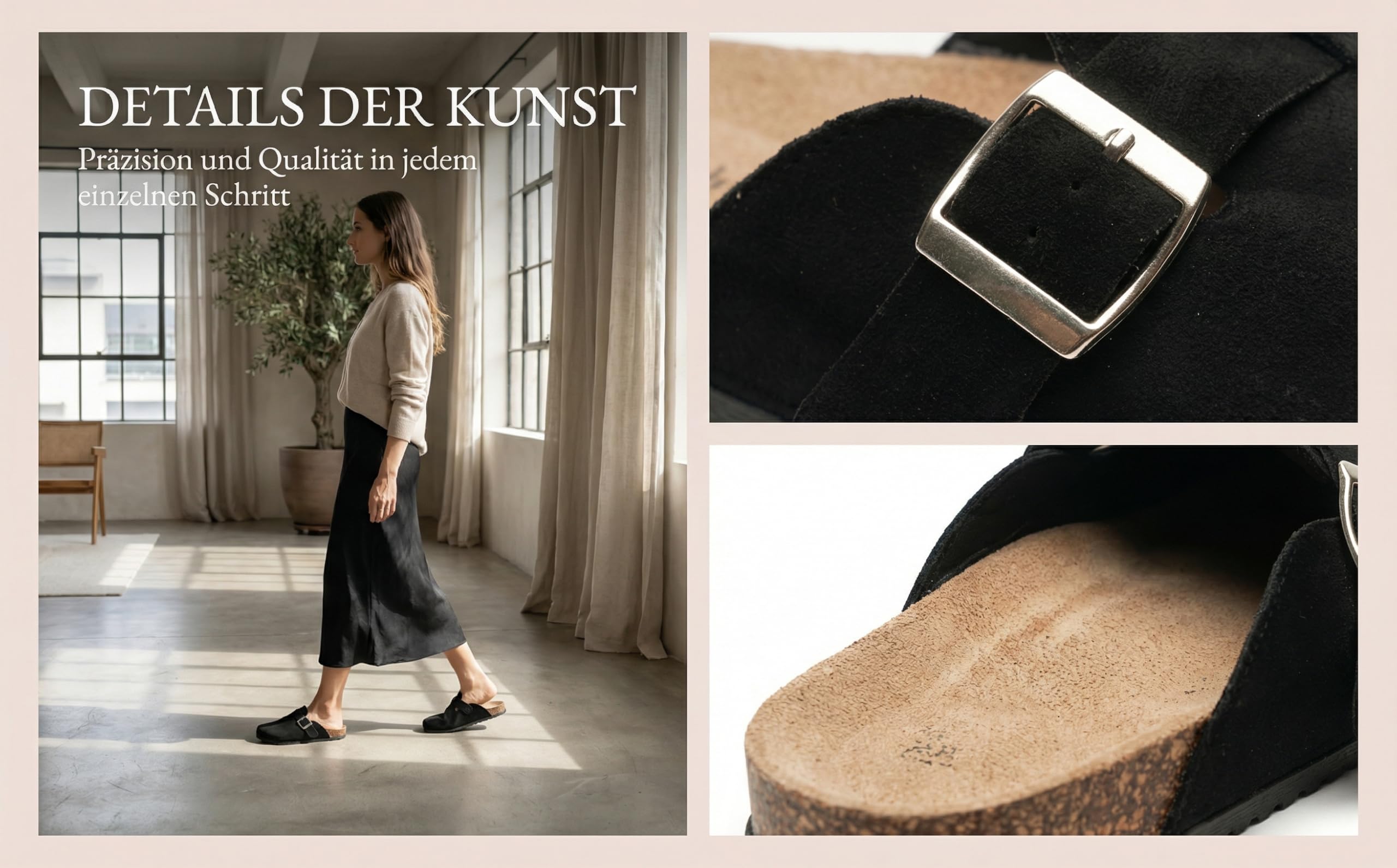 GLAMORA Zuecos Mujer Cerrados con Hebilla Ajustable, Ante, Planos, Cómodos, Casual, Plantilla Anatómica de Corcho, Suela Antideslizante, Sin Cordones