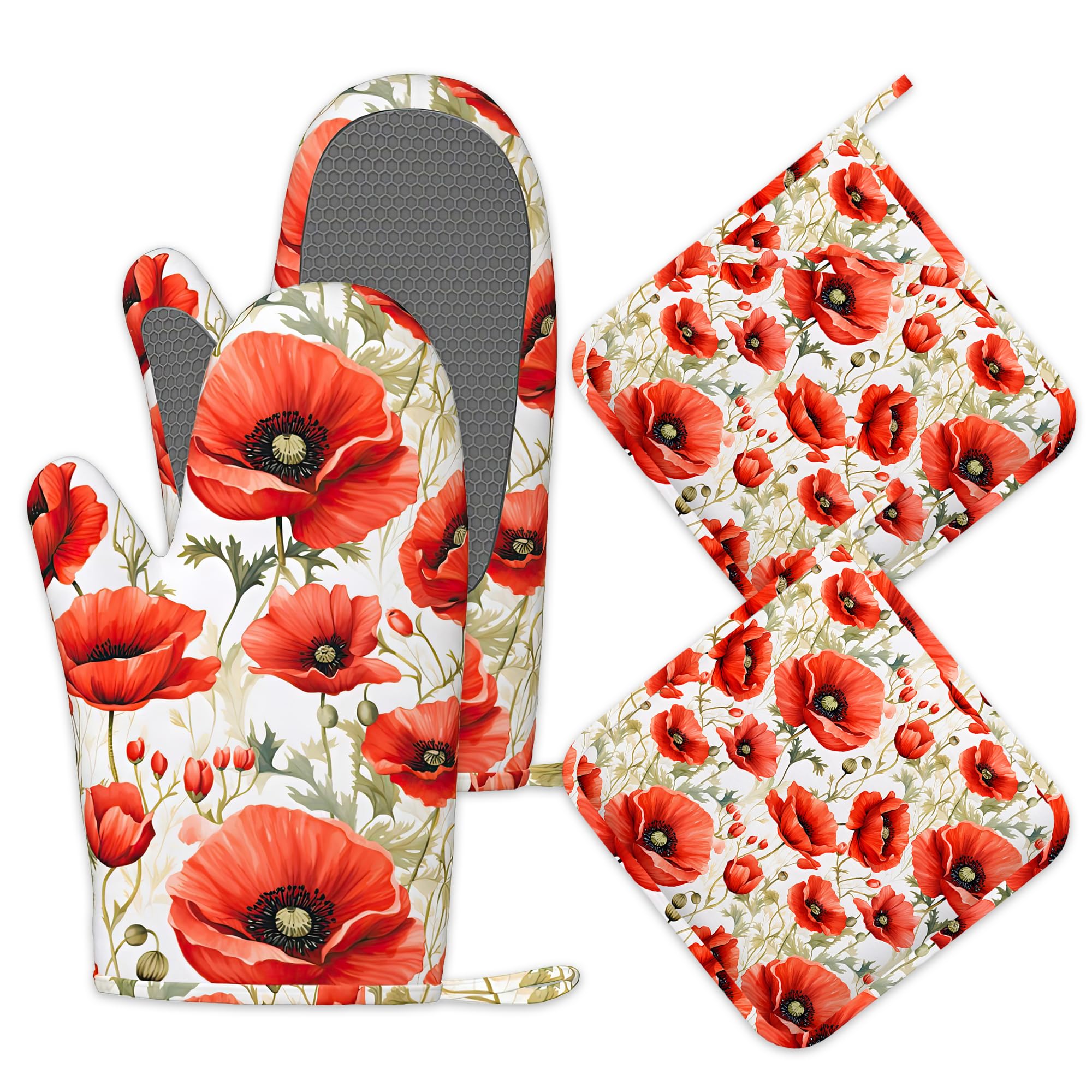 Maniques en silicone rouge coquelicot résistantes à la chaleur x4