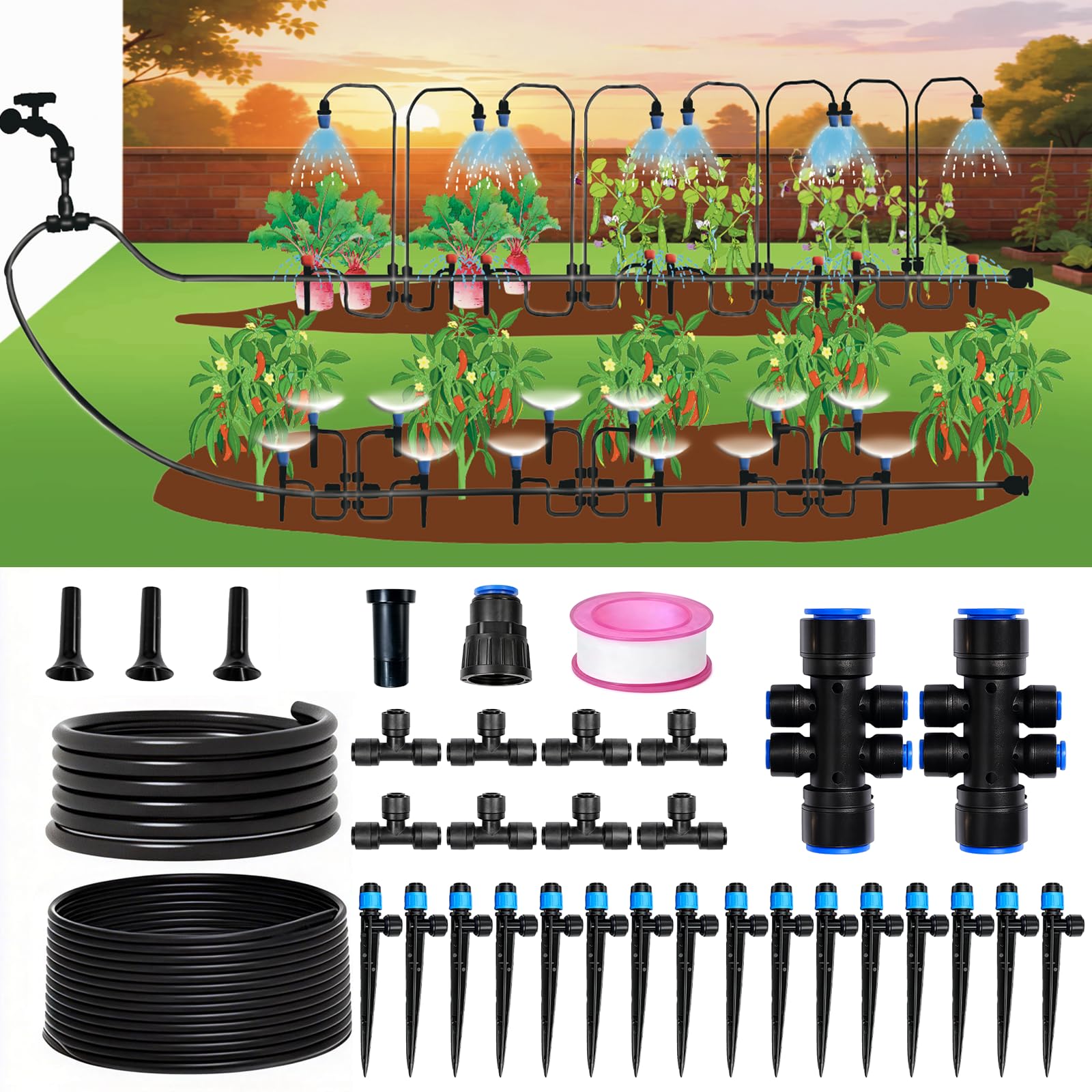 Kit per sistema di irrigazione a goccia da 9,5 m, sistema di irrigazione a goccia da giardino con tubi a connessione rapida da 1/2 '' e 1/4", gocciolatori e spruzzatori regolabili, sistema di