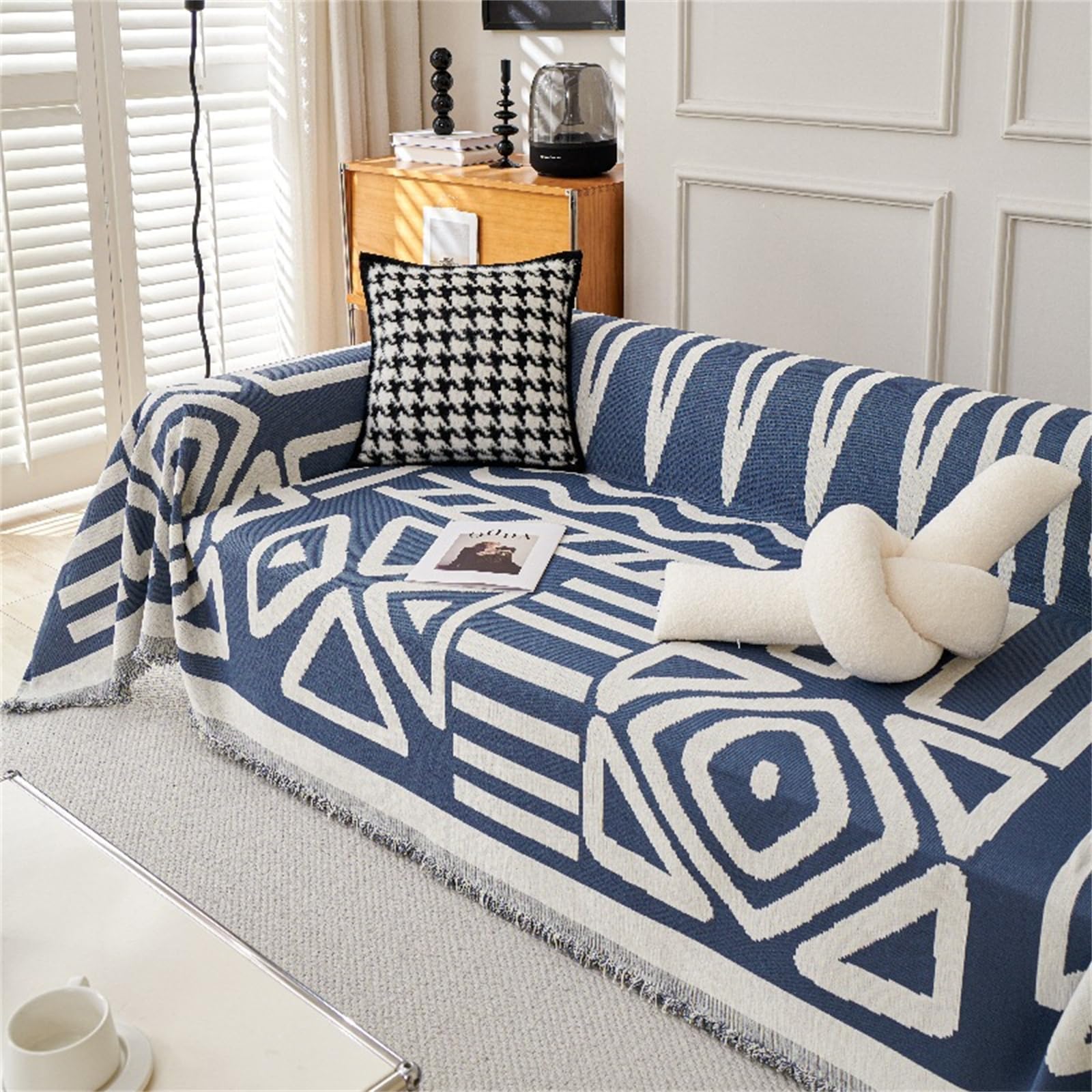 Morbuy Jeté de Canapé Grande Taille Antidérapant pour Canapés 1, 2, 3 ou 4 Places Housse de Canapé Réversible Lavable Serviette de Canapé avec Glands (180 * 260cm,Bohème-Bleu)