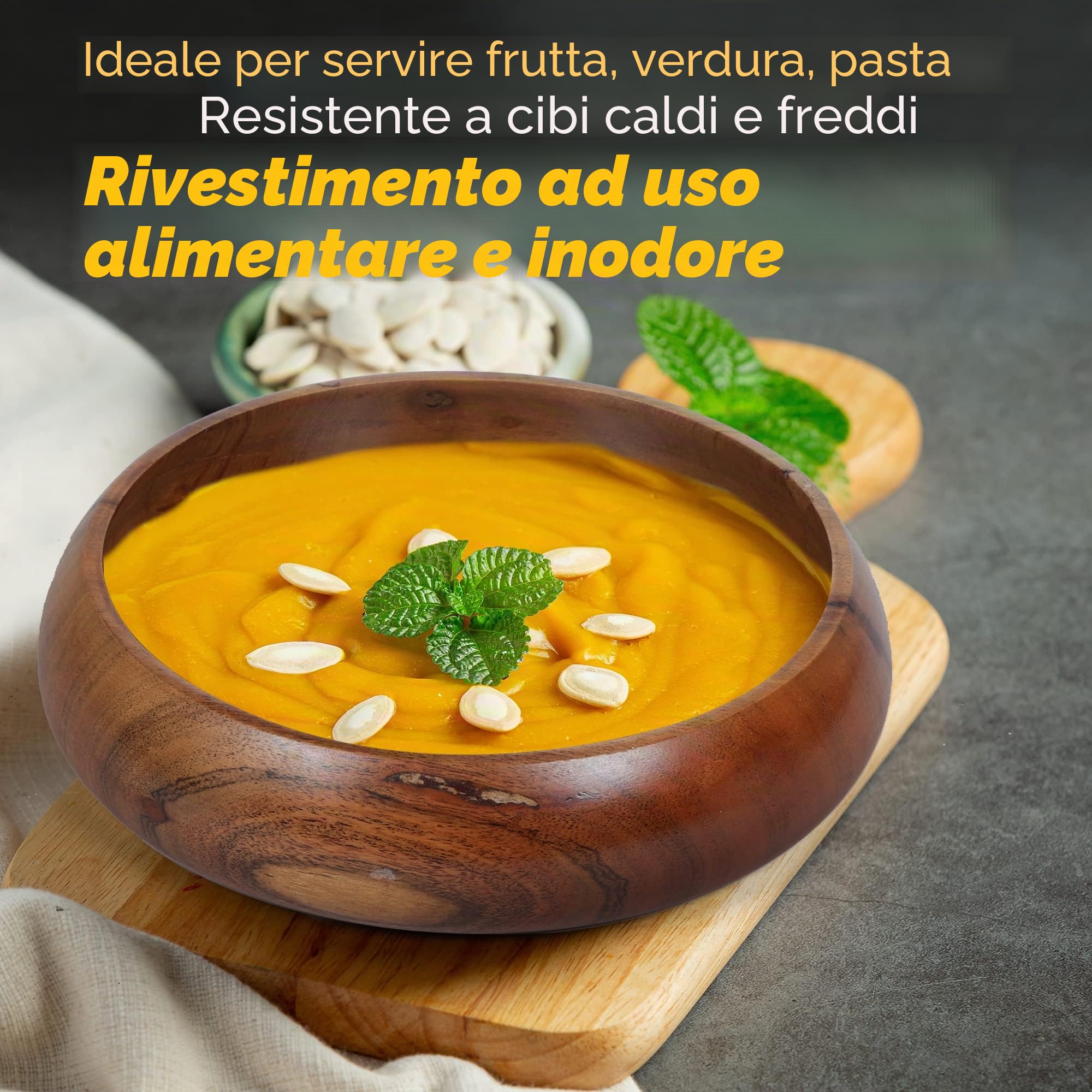 Ciotole in Legno per Alimenti | Set di 4 ciotole individuali in legno di acacia 20x5 cm (740 ml) | Goditi la tua insalata, pasta, riso, acai, frullato, zuppa, frutta, snack