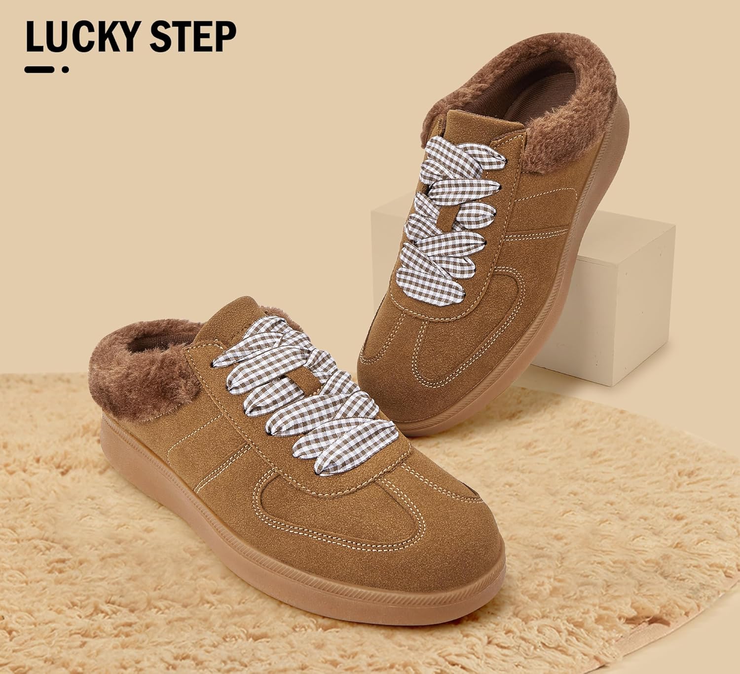 LUCKY STEP Women's Mule Fashion Sneakers Fur Lined Classic Retro Casual Shoes Slip On Backless Comfy Winter Tennis Walking Anti Slip Sneaker - Image 3