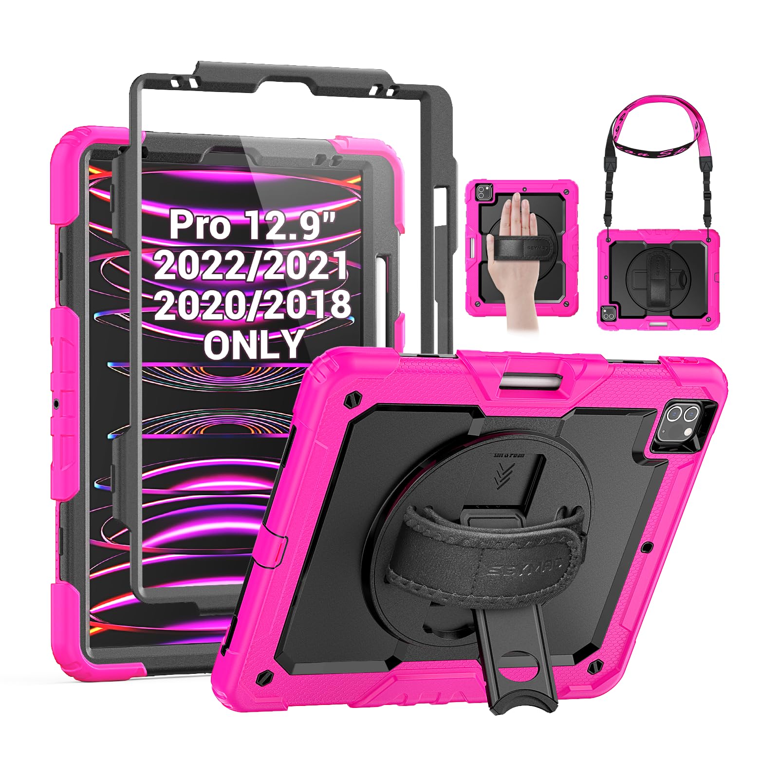 SEYMAC Kids Case for iPad Pro 12.9 2022/2021/ 2020/2018, Heavy Duty Protection Shockproof Case with Screen Protector, 360° Rotating Stand/Handle/