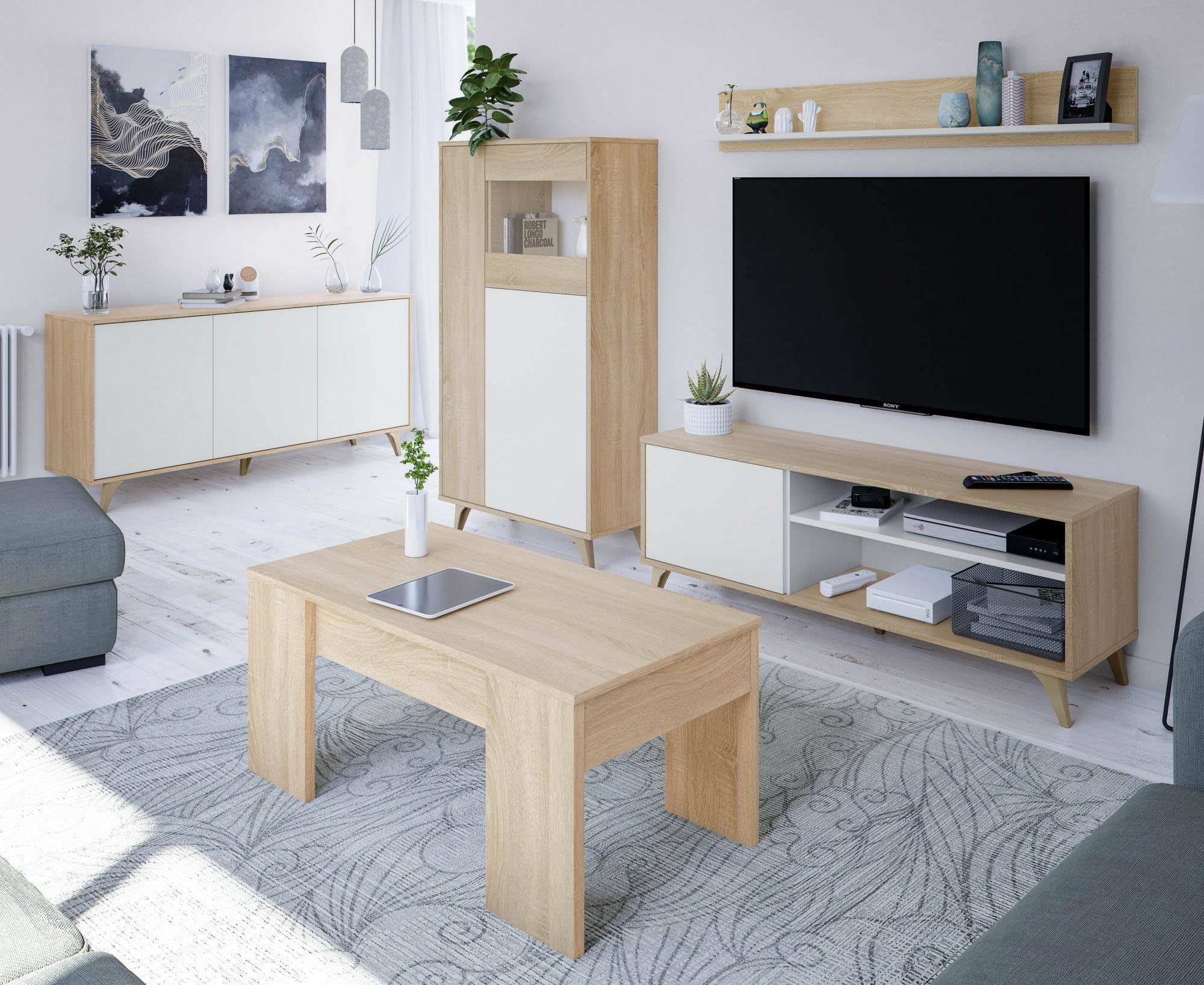 Dmora - Vetrina Atlanta, Vetrinetta moderna a 3 ante, Credenza da soggiorno o salotto, Madia alta con ripiani, 77x33h142 cm, Rovere e Bianco