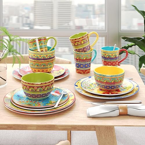 Miniatura 6 de Tunisian Sunset - Juego de vajilla de cerámica de 16 piezas, servicio para 4 – Coloridos platos, cuencos y tazas bohemios con patrones florales