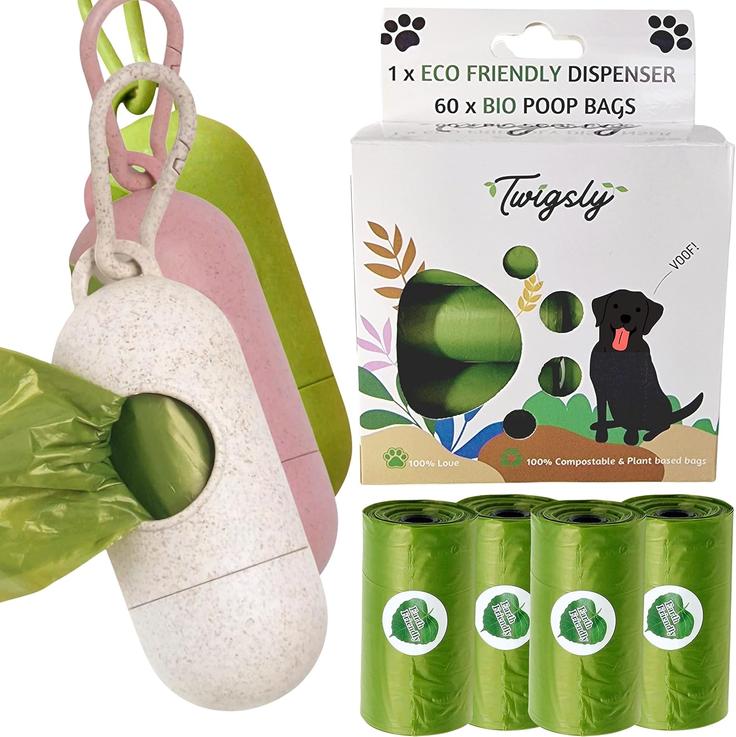 Twigsly Eco Friendly Dog Poop Bag Holder + 60 Extra Thick