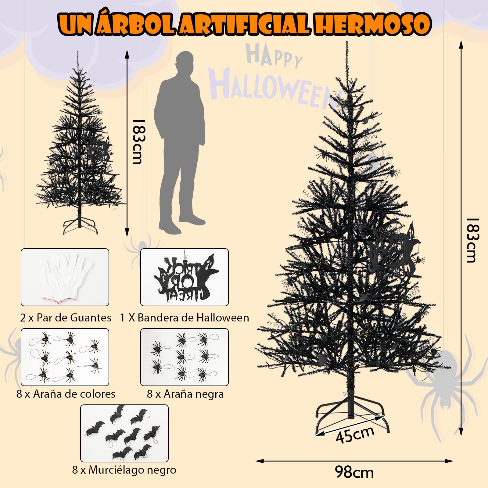 COSTWAY 180 cm Árbol Artificial de Halloween, Árbol de Halloween de Color Negro con 791 Puntas de Rama de PVC, 250 Luces LED y Adornos, Árbol Artificial Hogar, Oficina, Escuela, Instalación Rápida