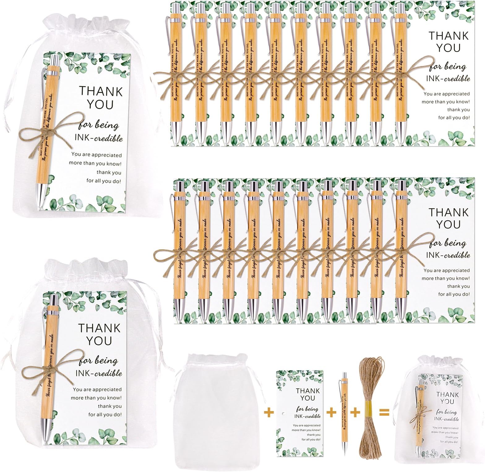 20 Sets Thank you Gift Motivational Pens Employee Appreciation Gifts Inspirational Personalised Bamboo Ballpoint Pens with Thank You Cards Organza Bag for Colleagues Teacher Volunteer Bulk Gift (20-1)