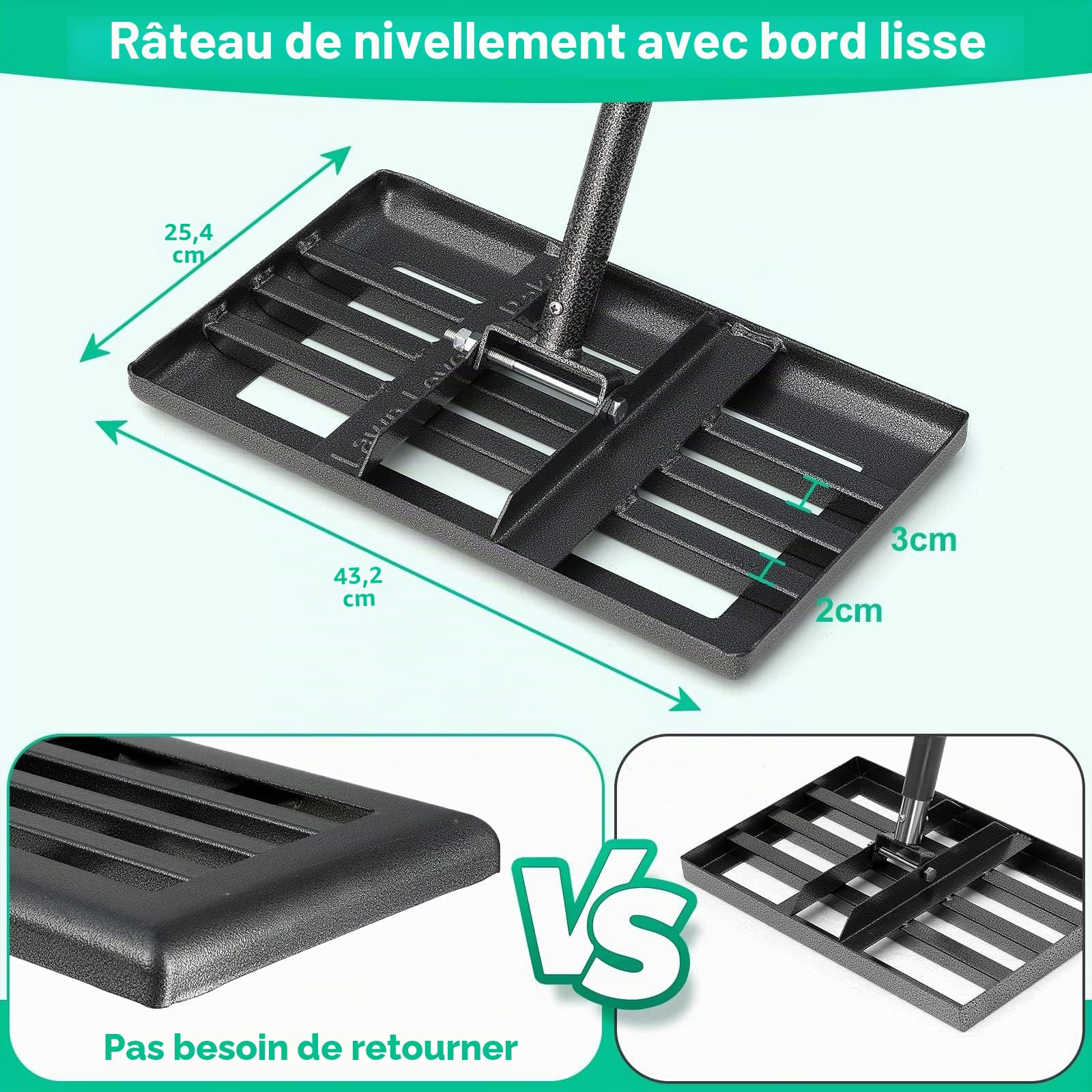 Râteau de nivellement de pelouse en métal - 182 cm - pour Le Golf, Le Jardin, la Surface - en Acier Inoxydable - 43 x 25 cm (182cm)
