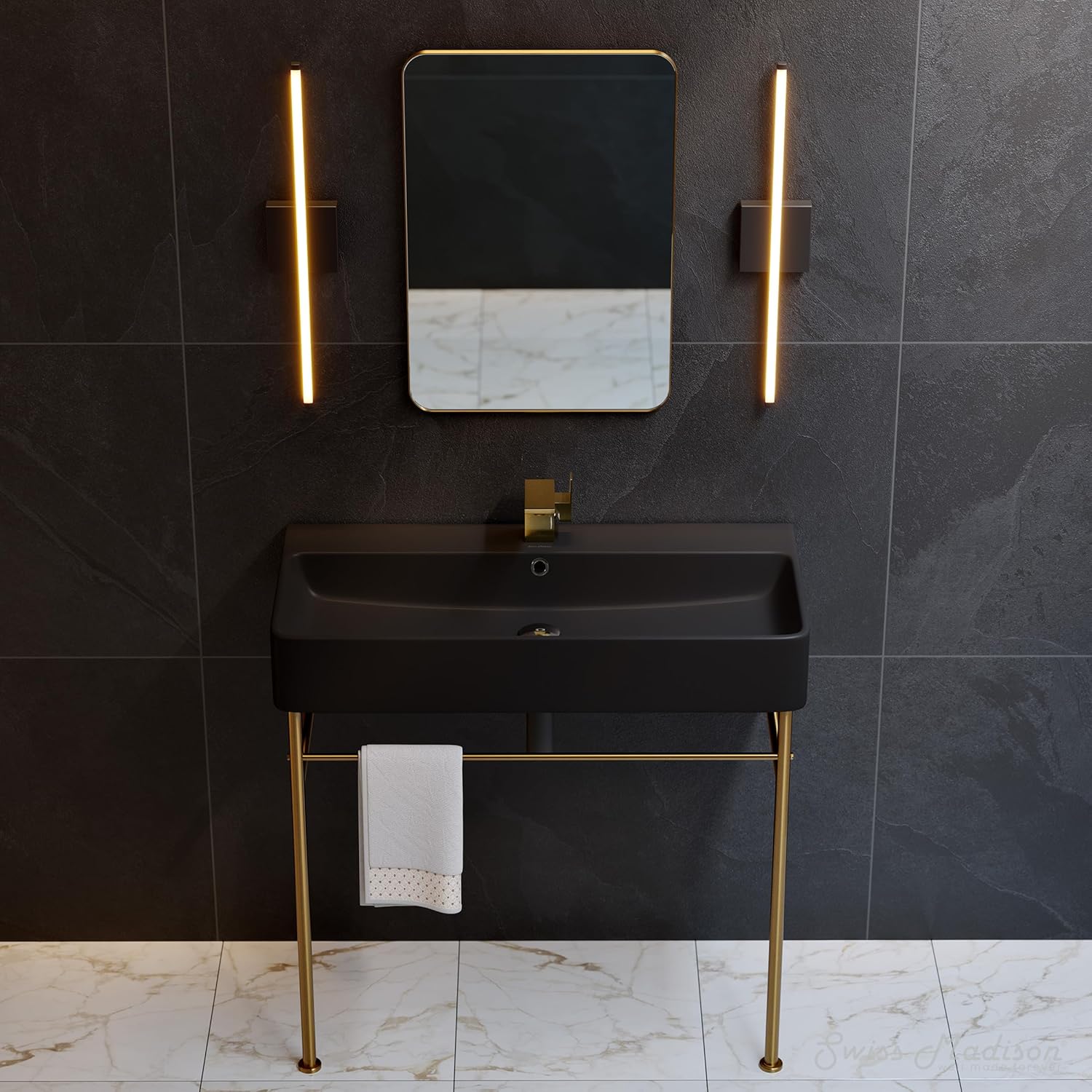 Carre 36" Ceramic Console Sink Matte Black Basin Brushed Gold Legs