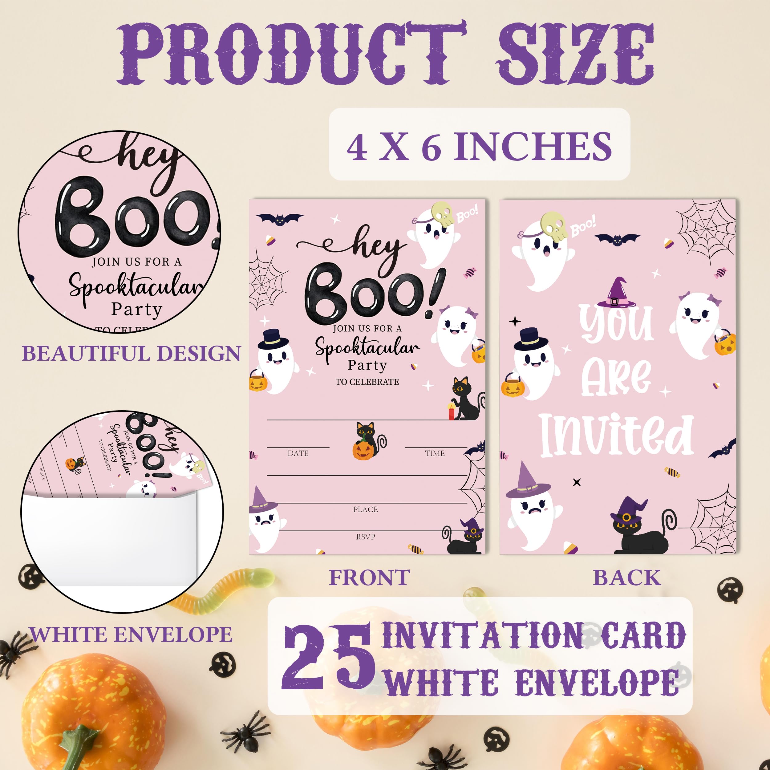 SIXEIGHT Pink Hey Boo zaproszenia na imprezę Halloween, uroczy duch kot zaproszenia na Halloween dla chłopców dziewcząt, 25 sztuk różowych kartek z zaproszeniami z kopertami, dekoracje na ślub
