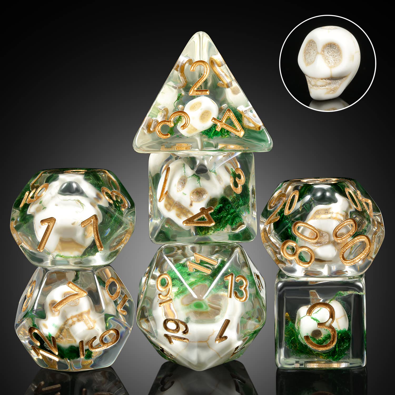 Skull DND Dice, DNDND 7PCS Resin Dice Set with Velvet Pouch for Dungeons and Dragons D&D Role Playing Games and Tabletop Games Skull)