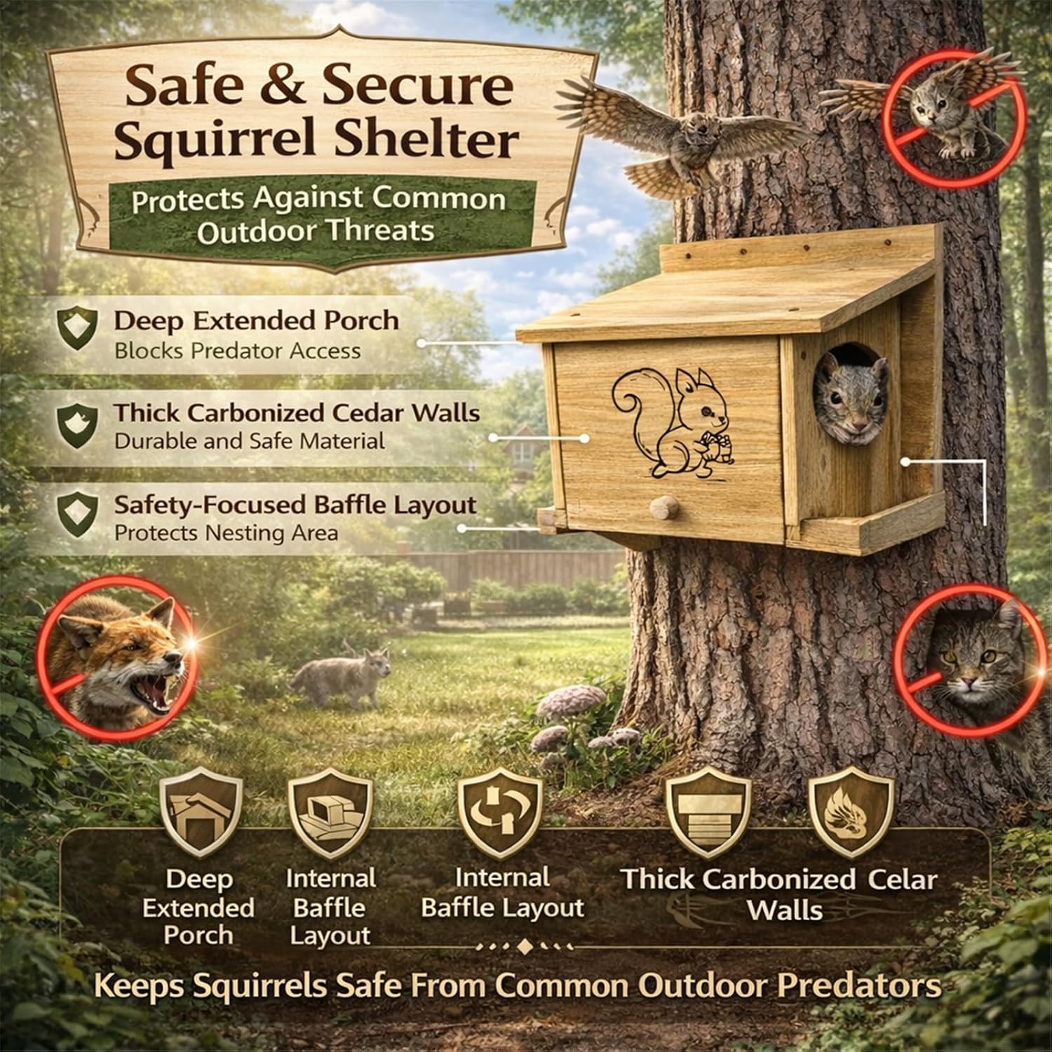 Wooden Squirrel House Feeder with Engraved Design, Outdoor Wildlife Feeding Station with Nut Storage Compartment
