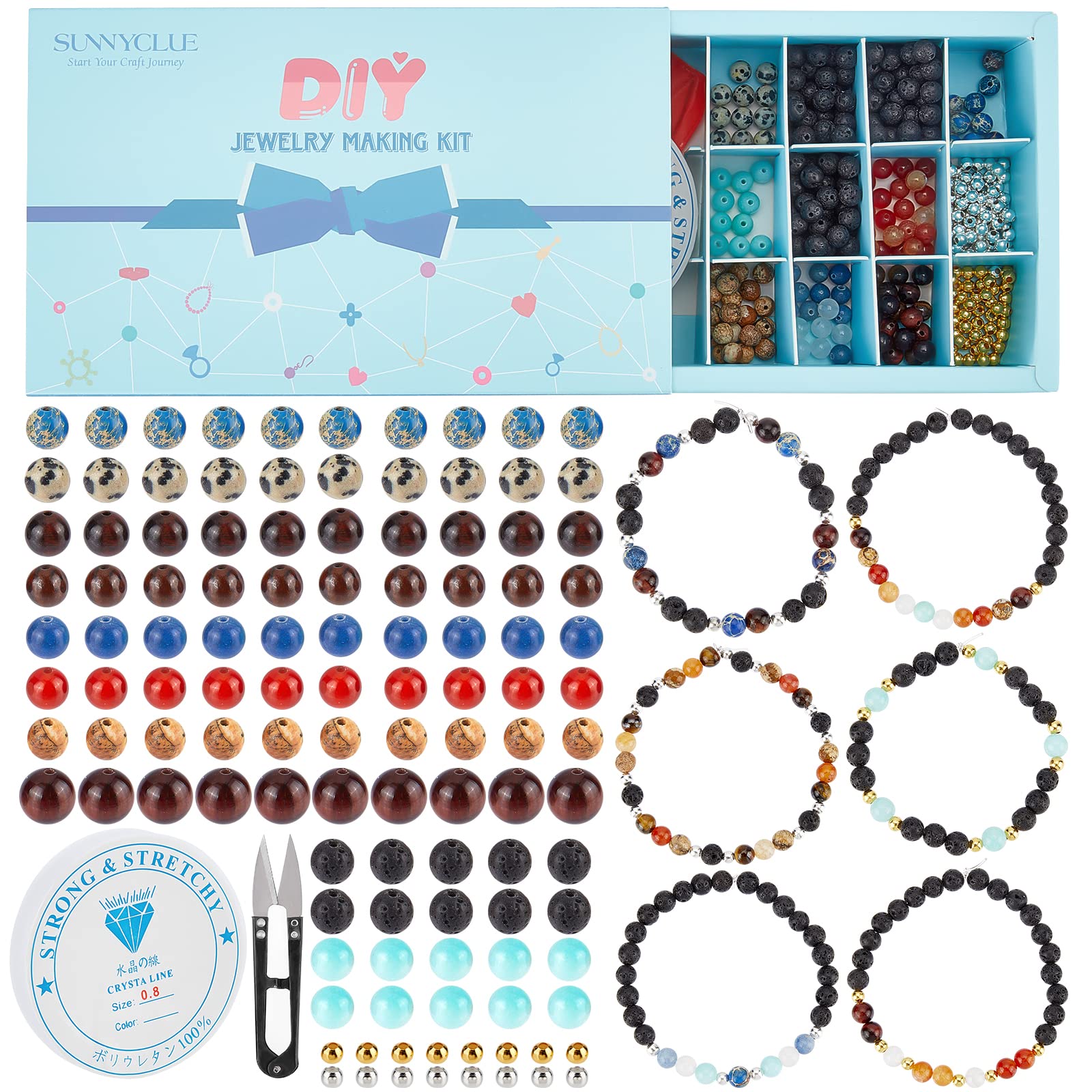 SUNNYCLUE 1 Scatola 300 Pezzi + 6 mm Pianeta Braccialetto Perline Kit Sistema Solare Braccialetti di Pietre Preziose Perline Distanziatore Allentato con Filo di Cristallo Elastico