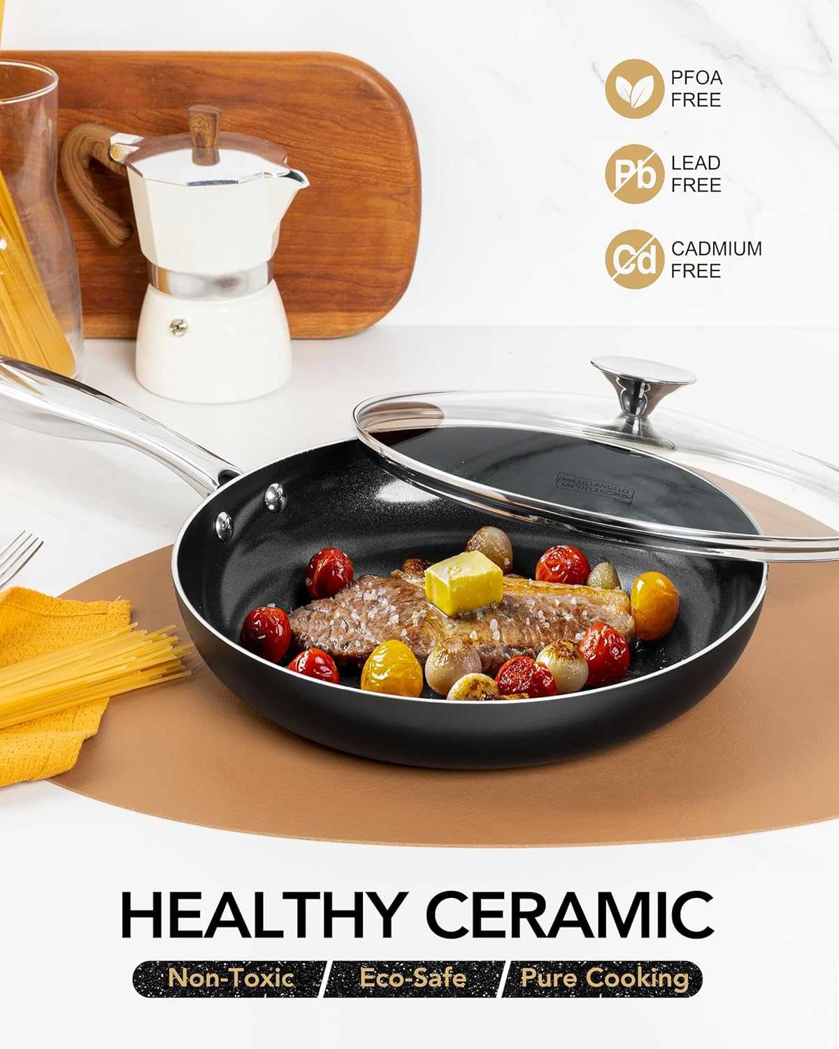 MICHELANGELO Small Frying Pan - 8 Inch Frying Pan Nonstick with Lid, Non-Toxic Ceramic Pans with Stainless Steel Handle, Nonstick Skillet, Black - Image 3