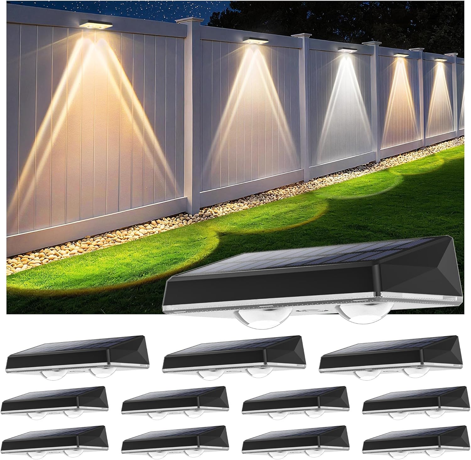 Solar Fence Lights Outdoor, 12-Pack 120LM Fence Lights Solar Powered, IP67 Waterproof Dusk to Dawn Auto On/Off 12+ Hours for Outside/Backyard/Wall/Step/Patio/Deck/Pool (3000K/4000K/6000K White)