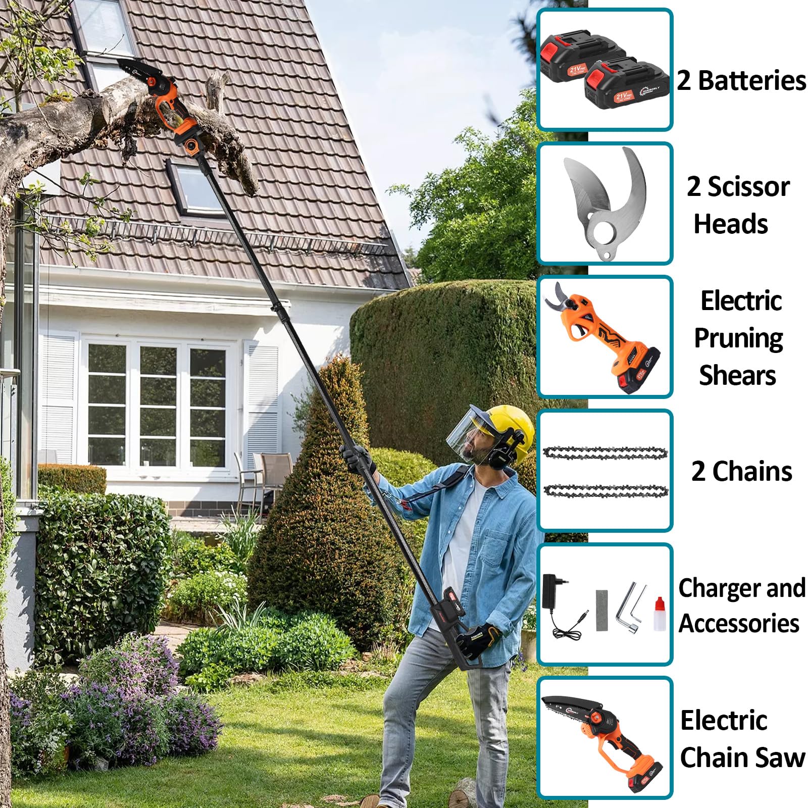 42.7CC 2-Stroke Gas Pole Saw With 12" Blade & Extendable Pole - Long Reach Chainsaw For Tree Trimming
