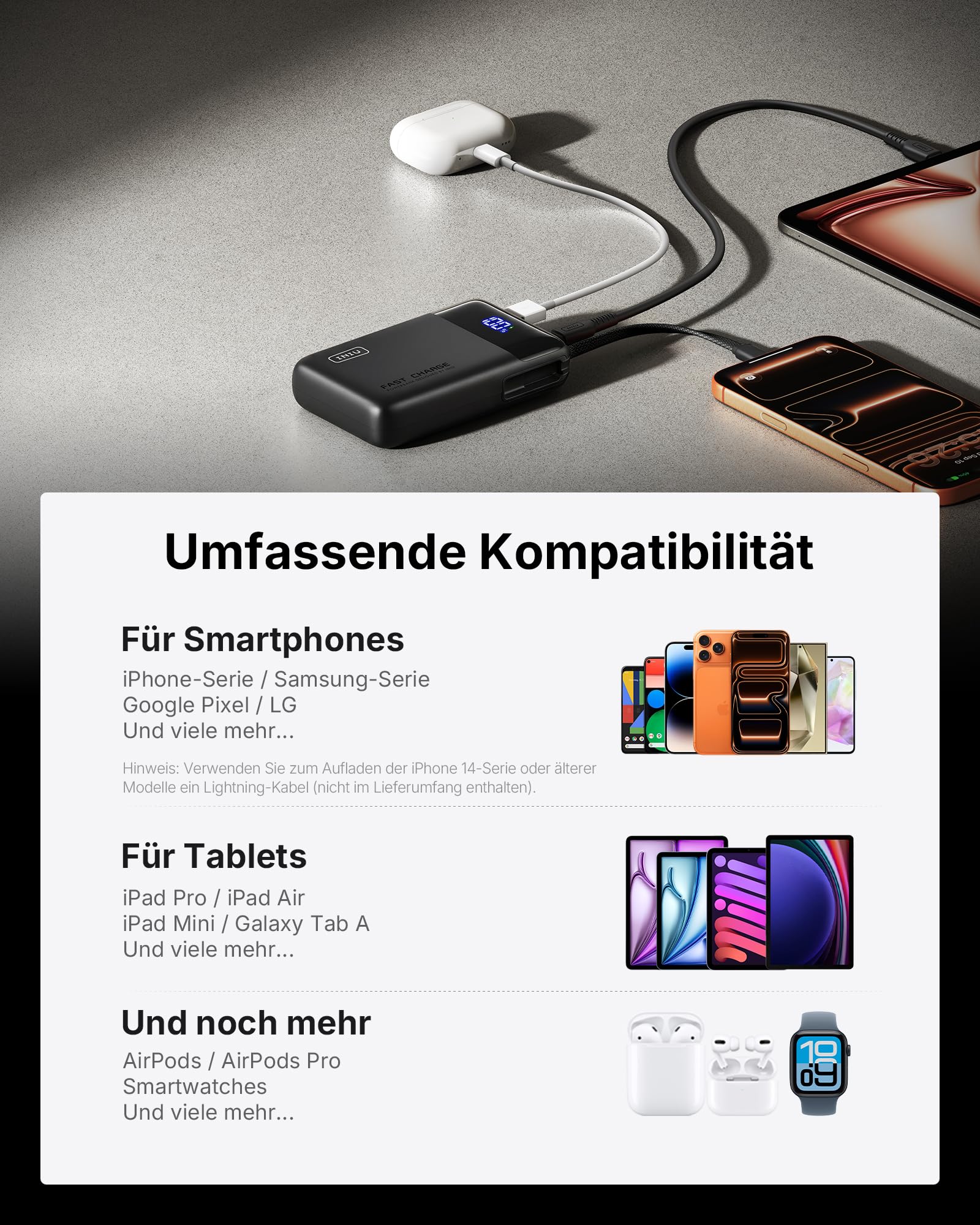 INIU 45W Power Bank, Ultra Klein 20000mAh Powerbank mit Integriertem USB C Kabel, Schnellladen Externe Handyakkus, Flugzeug Geeignet, Reise-Essential für iPhone 17 16 15, Samsung S22, Xiaomi, iPad etc