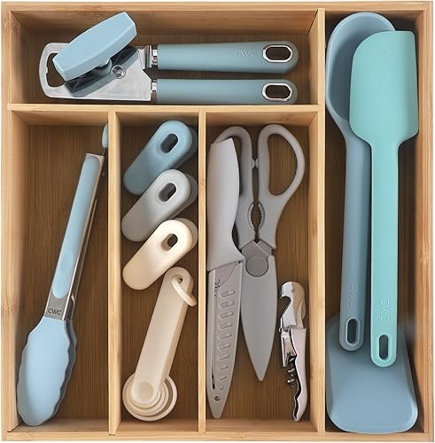 COOK WITH COLOR Juego de utensilios de cocina de bambú con organizador de cajones  Herramientas de cocina y organizador de almacenamiento, azul,