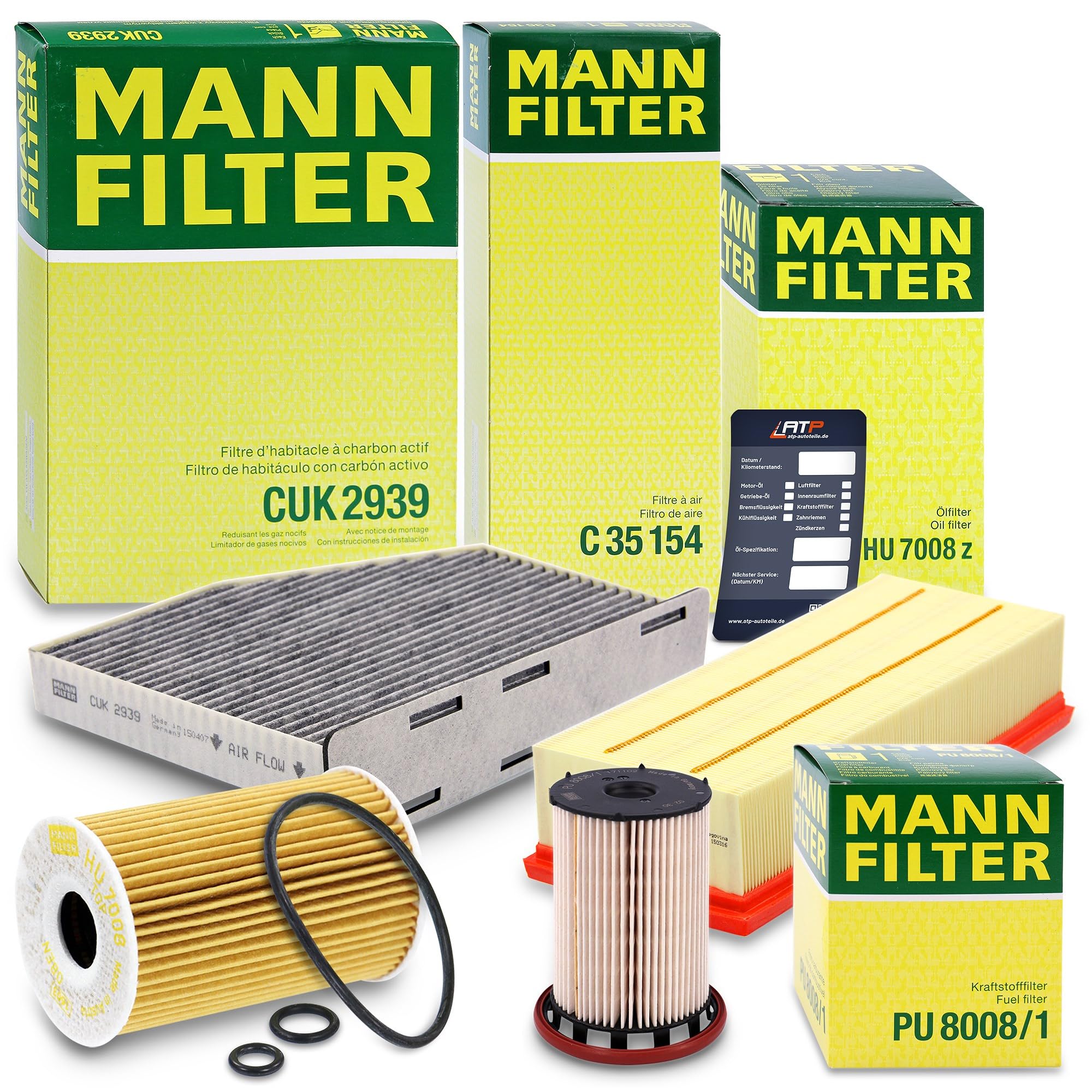MANN-FILTER Inspektionspaket Filterset 1x Ölfilter, 1x Luftfilter, 1x Innenraumfilter (Aktivkohlefilter), 1x Kraftstofffilter, 1x Ölablassschraube, 1x Ölwechselanhänger,