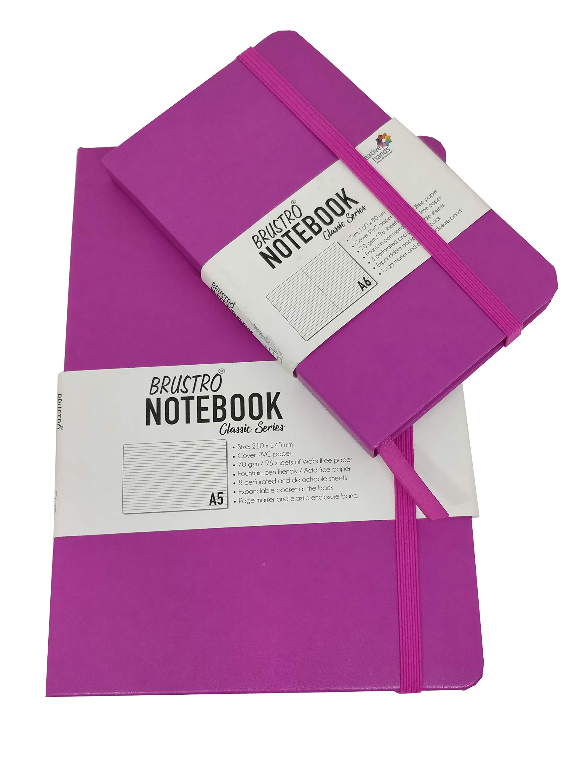 BRUSTRO Classic Series - Confezione doppia, formato A5 e A6, 70 g/m², 96 fogli, rosa leggero, con copertina rigida, fascia di chiusura elastica, pratica borsa, versatile per la scuola