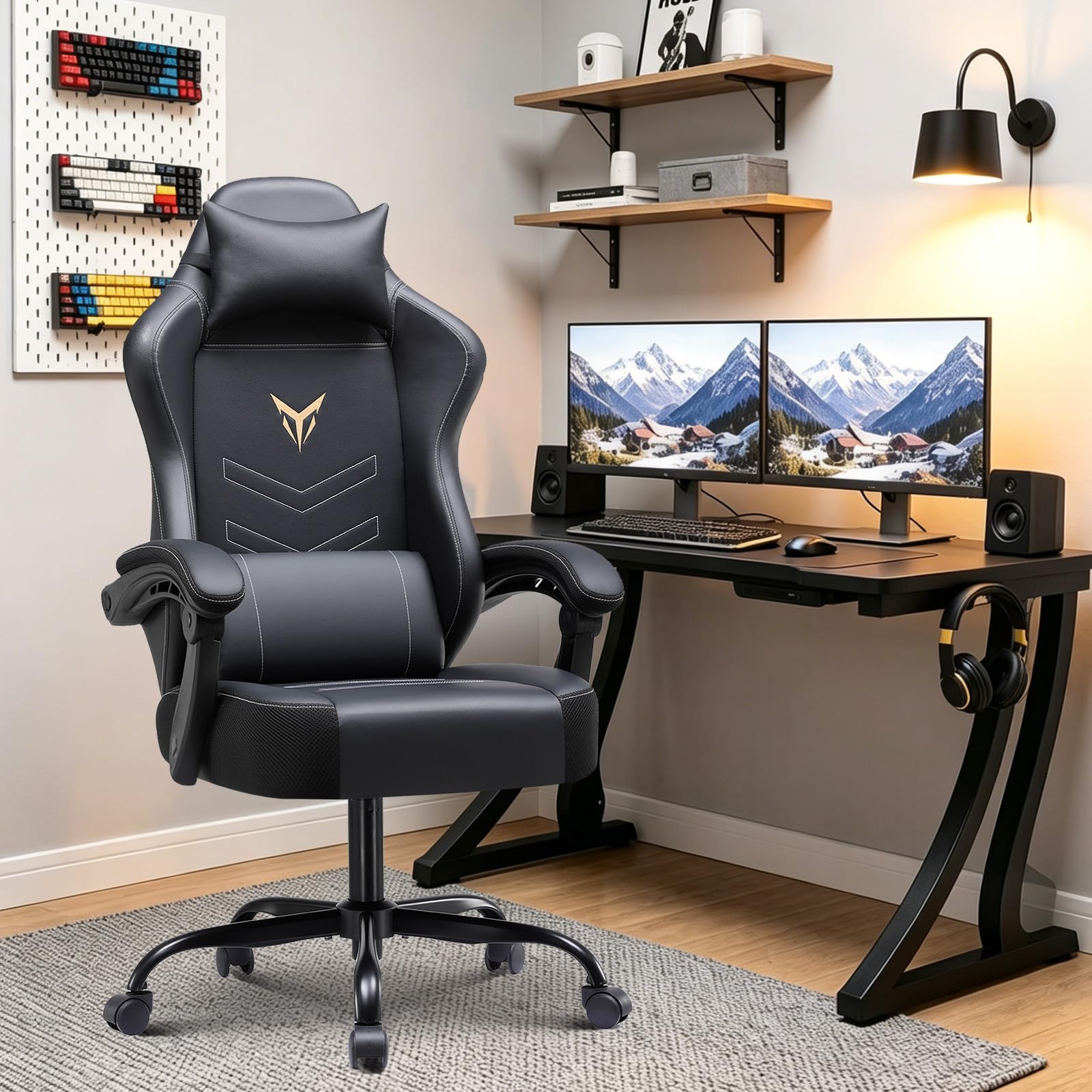 GTPLAYER Gaming Chair for Adults, Big and Tall 300LBS Heavy Duty Office Chair, Ergonomic High Back Lumbar Support and Wide Comfy Cushion with Linkage Armrests, Black Without Pedals