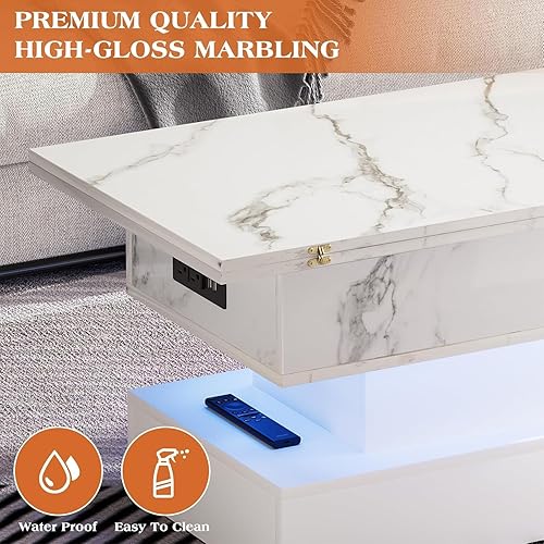 Miniatura 6 de Mesa de centro con tapa elevable de 39.4 pulgadas con estación de carga, mesa central con diseño de mármol brillante con compartimento de Blanco