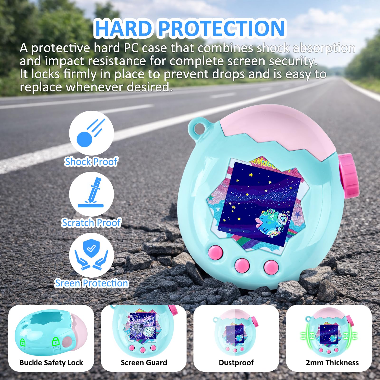 Coque pour Tamagotchi Paradise Electronic Pet - Lot de 2 films de protection d'écran en polycarbonate résistant aux chocs avec lanière pour jouet Tamagotchi Paradise (bleu)