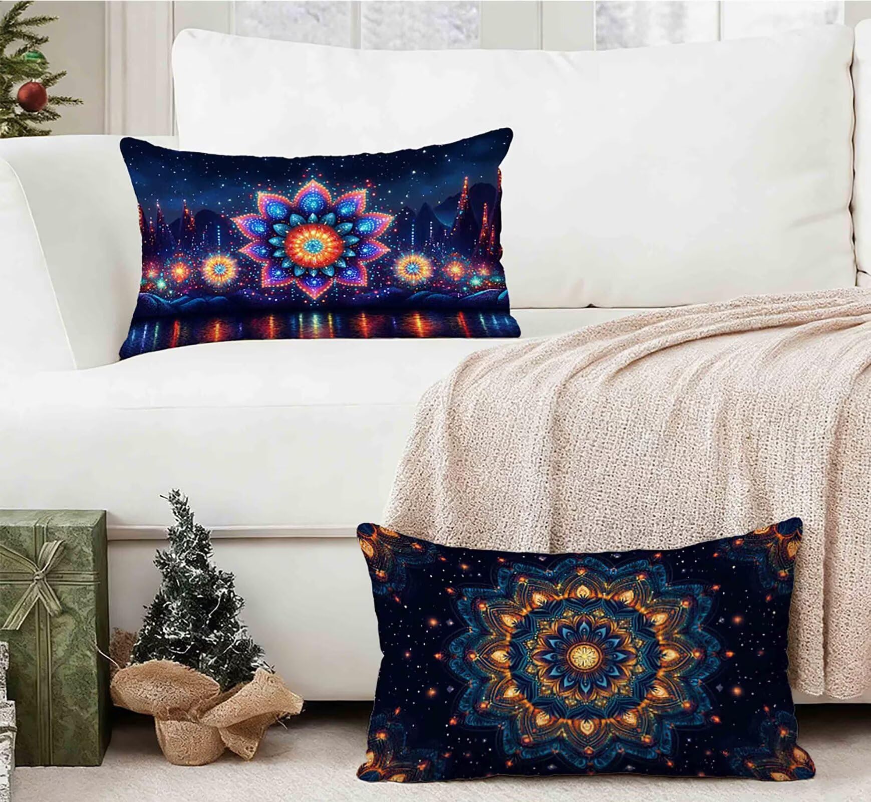 Kissenbezug Dunkelblau Kissenbezug 50x80cm 2er Set, Kopfkissen Böhmen Kopfkissenbezug Wasserdicht Leinen Design Kissenbezüge Herbstdeko mit Verstecktem Reißverschluss für Deko Schlafzimmer -lsy25012U1