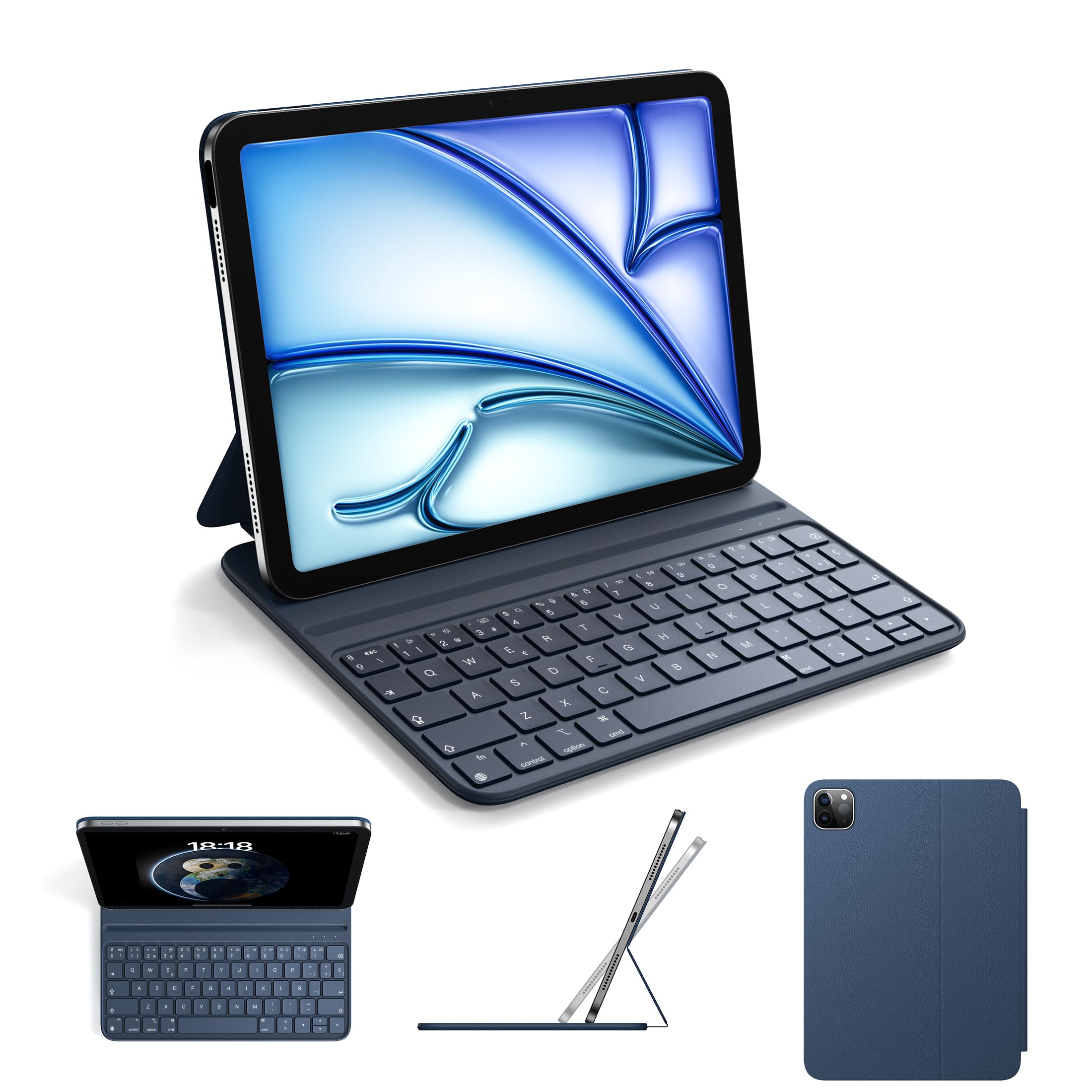 HOU Teclado Delgado para iPad Air 11"(M3/M2, 2025/2024) & 5.ª/4.ª Generación, Pro 11'' (2018-2022), Funda de Imitación de Cuero con Teclado, Ángulo Ergonómico, Diseño del Idioma Español Ñ, Rosa, Azul