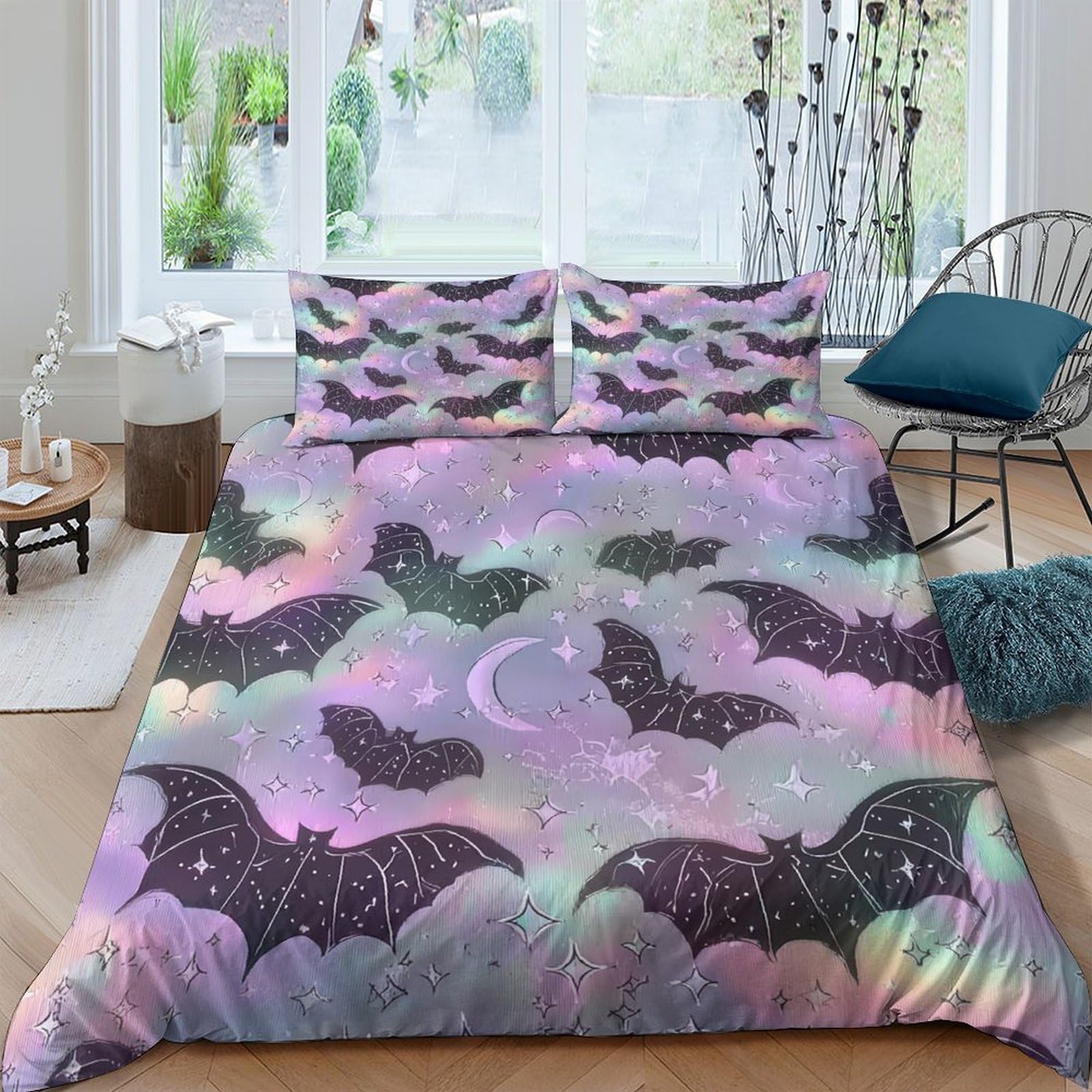 Ctjqhvkz Style-5 3D Printed Gothic Bat Pattern Fitted Sheet Microfiber Soft Purple Cloud Bed Cover For Bedroom Guest Room Decor Single（135X200cm）