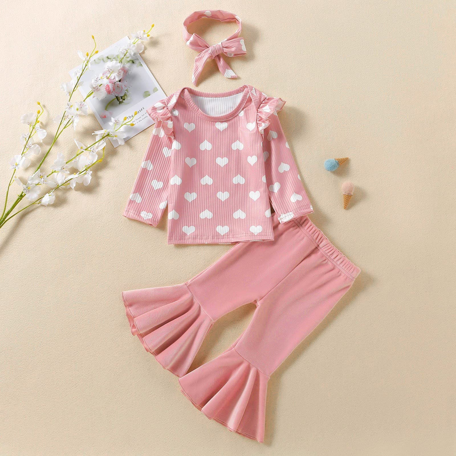 Infant Toddler Baby Girls Clothes Fall Winter Gift Ruffles Shirt Tops + Bell-Bottom Pants+ Headband (Pink, 18-24 Months)