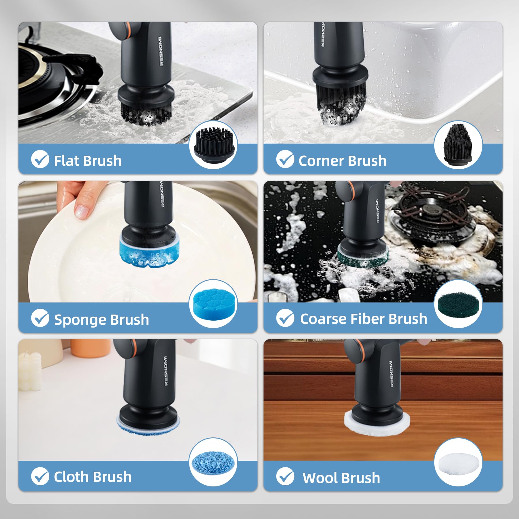 cepillo para polvo de limpieza inalámbrico con 6 cabezales reemplazables, 2 velocidades y tiempo de funcionamiento de 4 horas, IPX7, impermeable, depurador de ducha con visualización LCD, baño, cocina