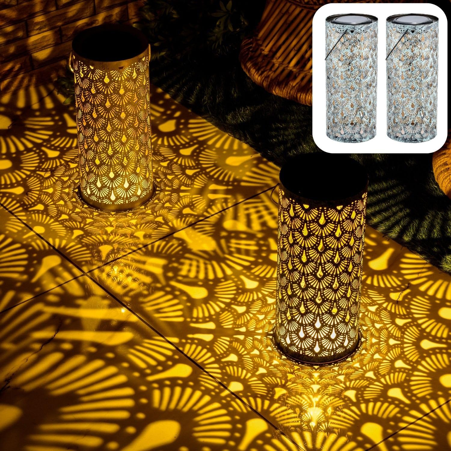 Marrakech zestaw 2 latarni solarnych do użytku na zewnątrz z uchwytem z metalu o wielkości 30 cm | orientalna latarnia solarna LED Fava zielona, IP65, wodoszczelna jako dekoracja ogrodowa