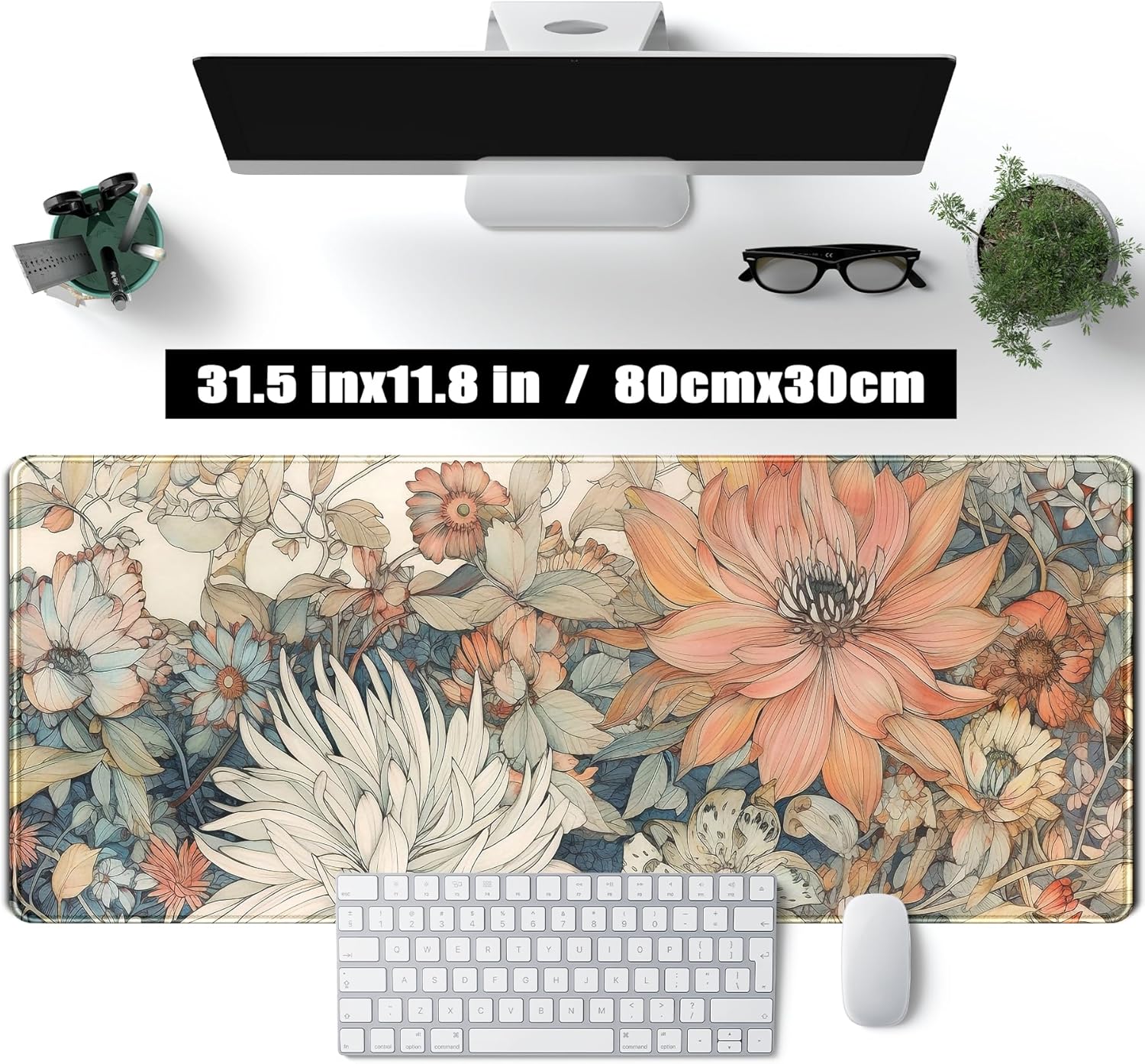 Japanese Minimalist Floral Desk Mat Aesthetic Flowers XL Large Extended Gaming Mouse Pad with Stitched Edges, Big Laptop Computer Keyboard and Mouse Mat for Girl Women Office Decor 31.5x11.8 in - Image 2