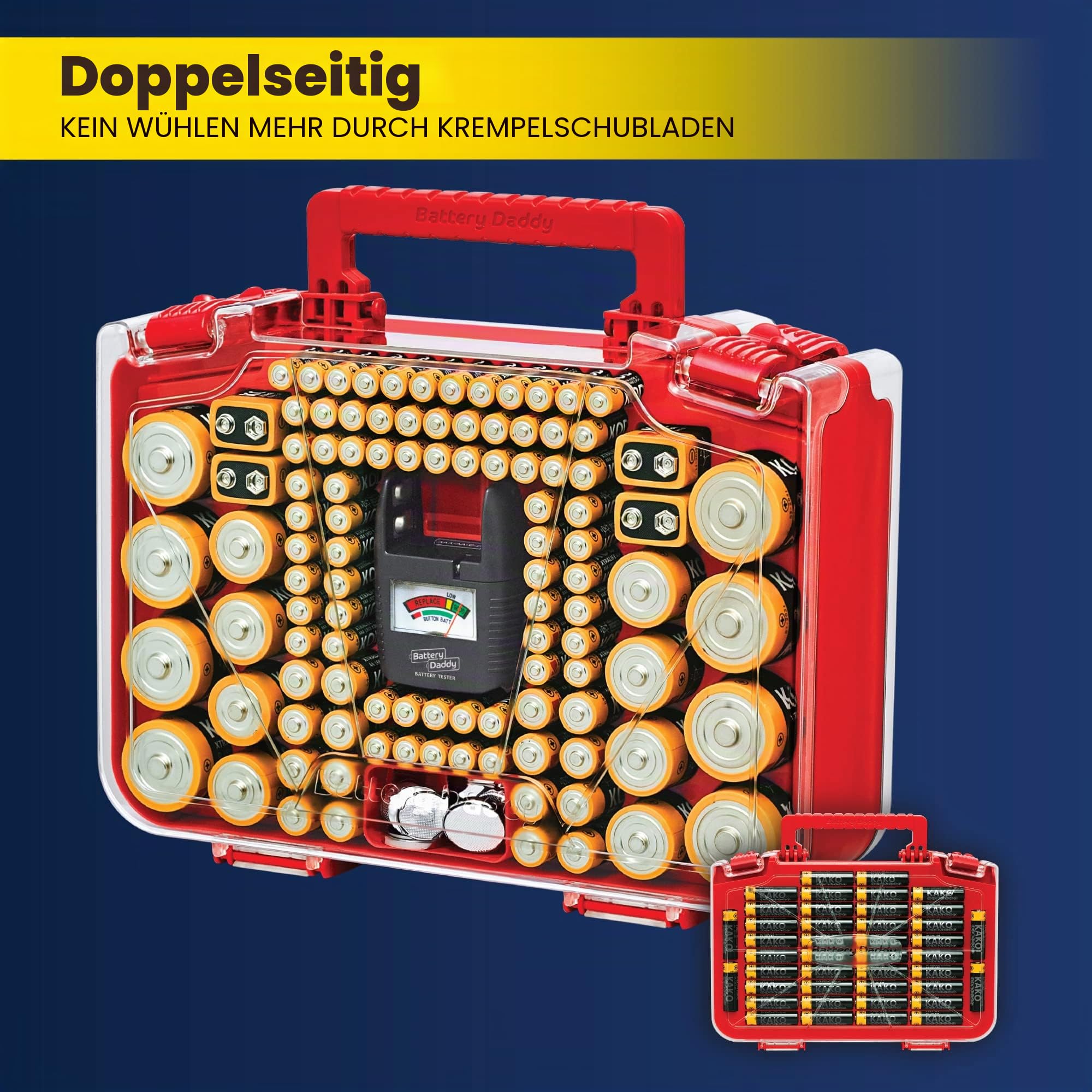 Battery Daddy Smart - Batterie-Organizer-Aufbewahrungskoffer mit Tester, speichert und schützt bis zu 150 Batterien, transparenter Verschlussdeckel, wie auf dem Fernseher gesehen