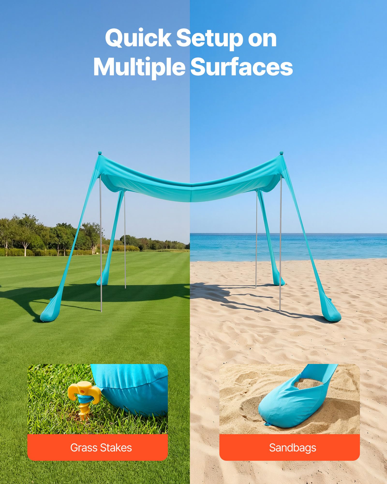 VEVOR Tienda de Playa Desplegable 3,0 x 3,0 m, Toldo de Playa Portátil, 2 m de Alto, Protección UPF 50+, 4 Polos con Sacos y Palas de Arena, Carpa Solar para Vacaciones Viajes Camping, Verde Turquesa