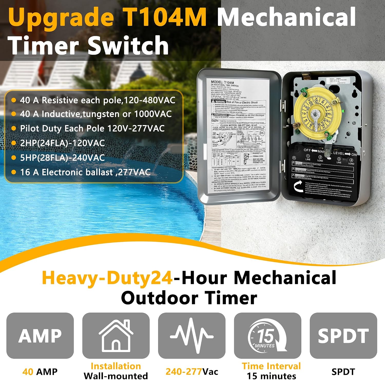 T104M Mechanical Timer Switch,208-277 VAC 5HP 40A DPST Pool Pump Timers Replacement,24-Hour12 ON/Off Cycles for Water Heater,Pool Pump,Lighting,Fans,Heavy-Duty Mechanical Time Switches(Mechanism Only)