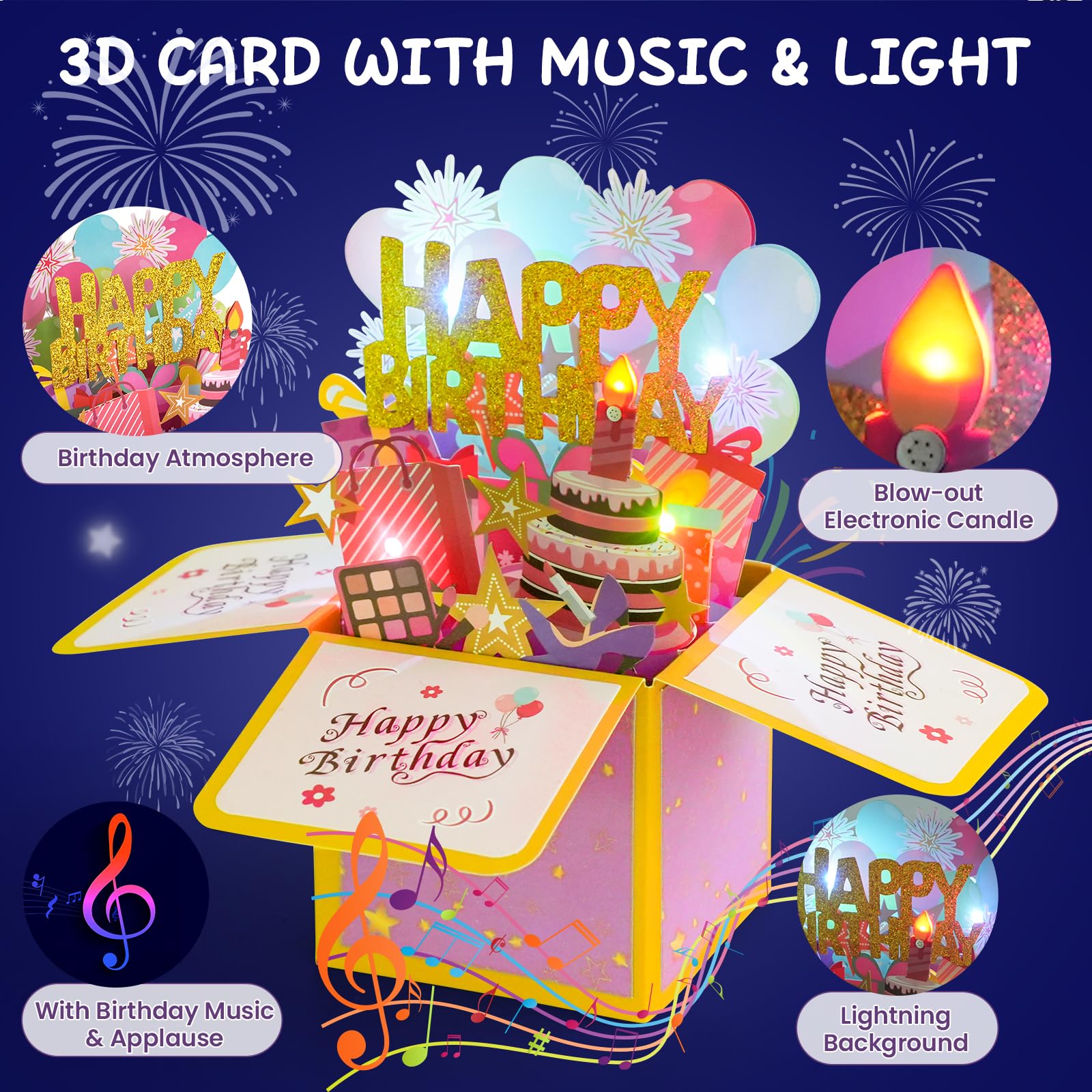 Biglietto Di Auguri Musicale 3D Pop-up Con Candela LED Soffiabile - Per Compleanno Donna/Uomo - Con Luce E Musica - Regalo Per Mamma, Marito, Amici