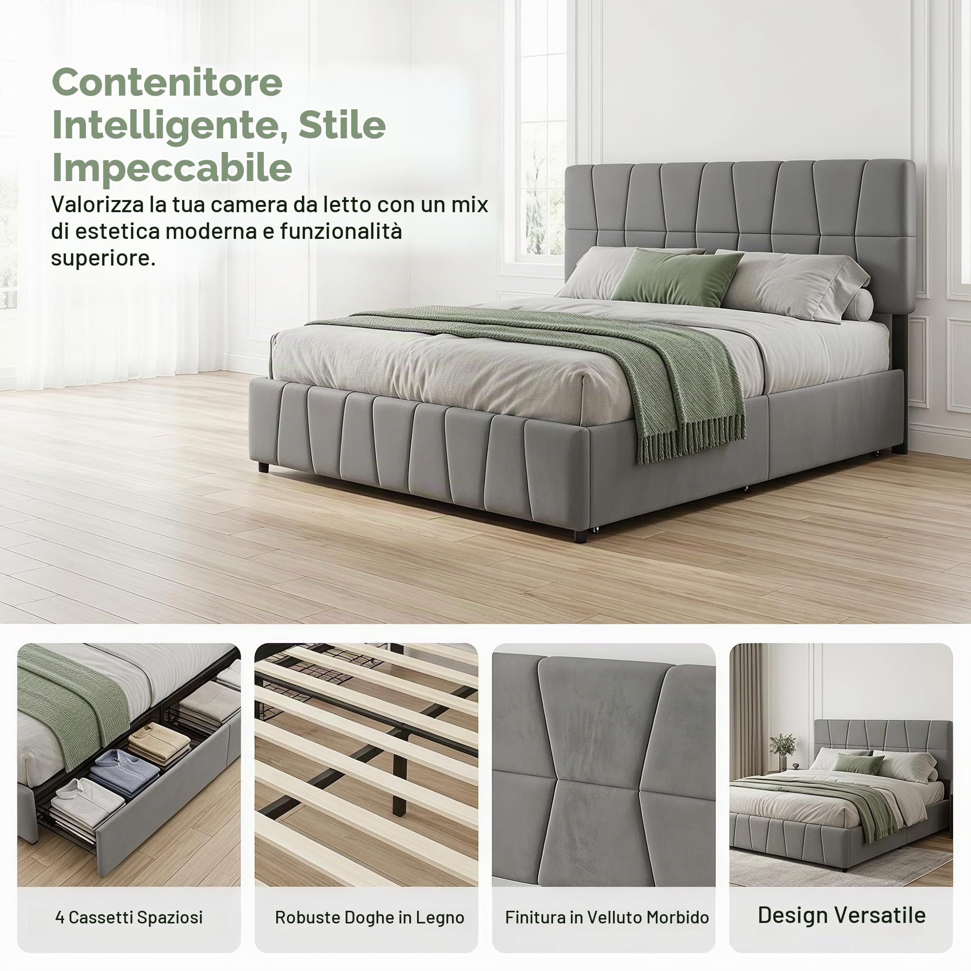 Letto Imbottito 160x200,Letto Matrimoniale con 4 Cassetti letto Matrimoniale Imbottito con contenitore Letti con Usb e Luce Led Letti Contenitore (grigio, velluto B, 160 x 200 cm)