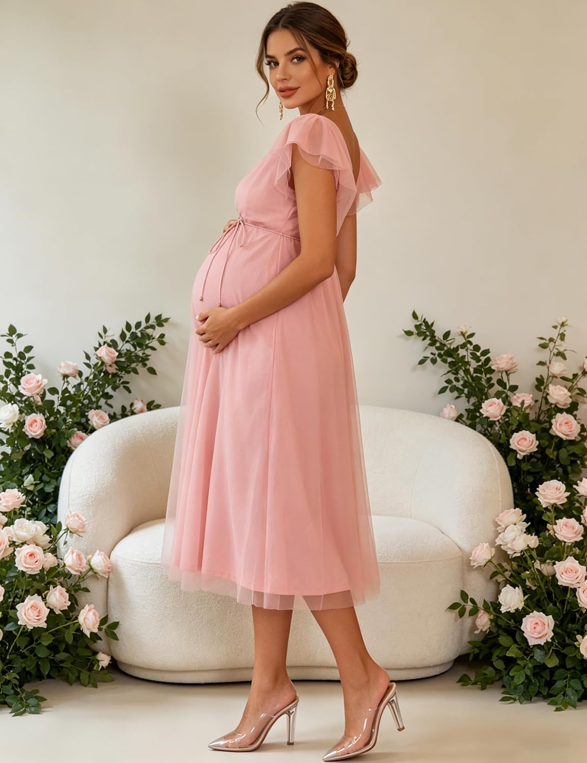 Maternity Midi Dress V Neck Flutter Sleeve Tie Waist Tulle Gown