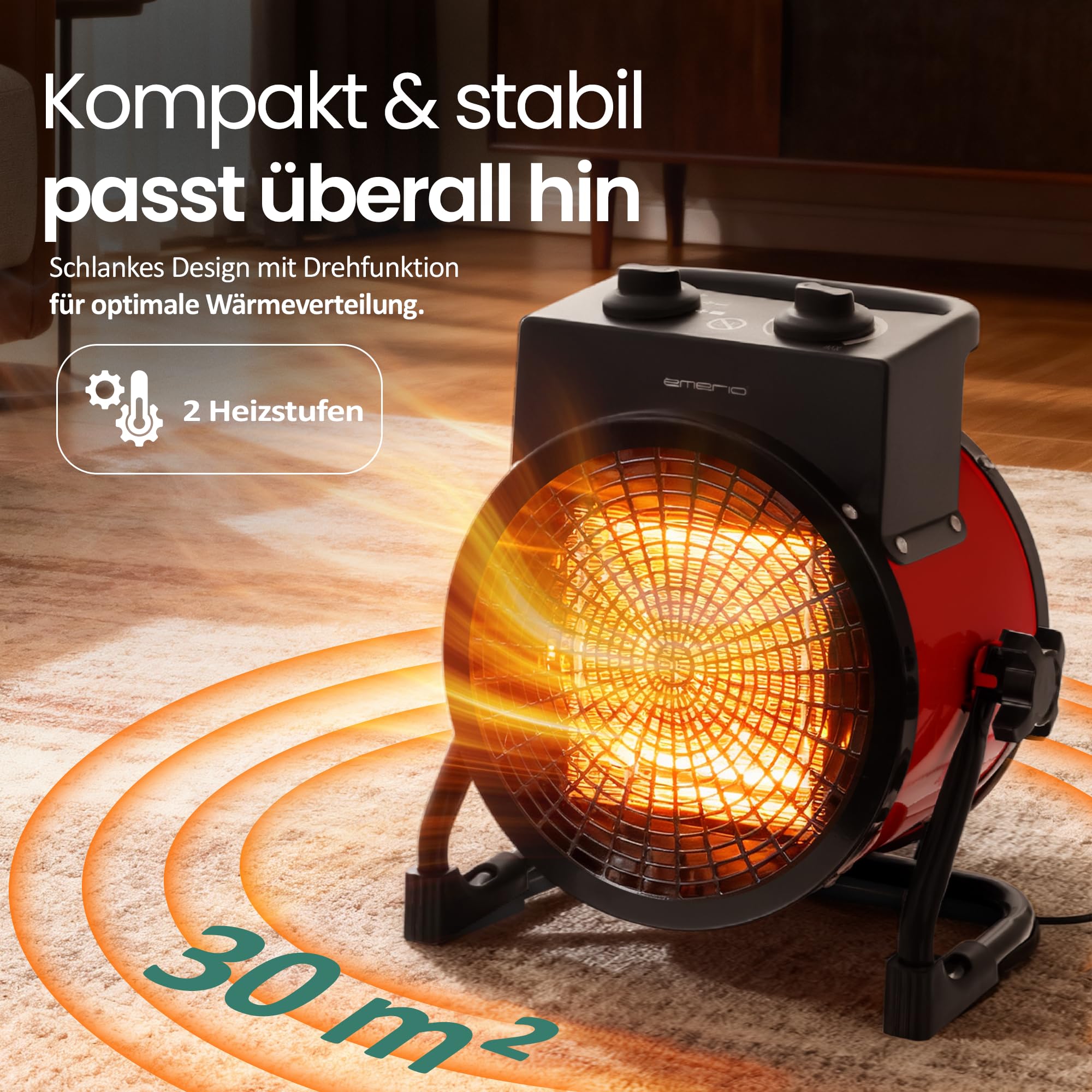 EMERIO - Radiateur soufflant Power 3000 W - Chauffage céramique - Chauffage électrique Turbo avec protection contre la surchauffe - Puissant - 2 niveaux de chauffage - Pour chantier, maison, atelier,