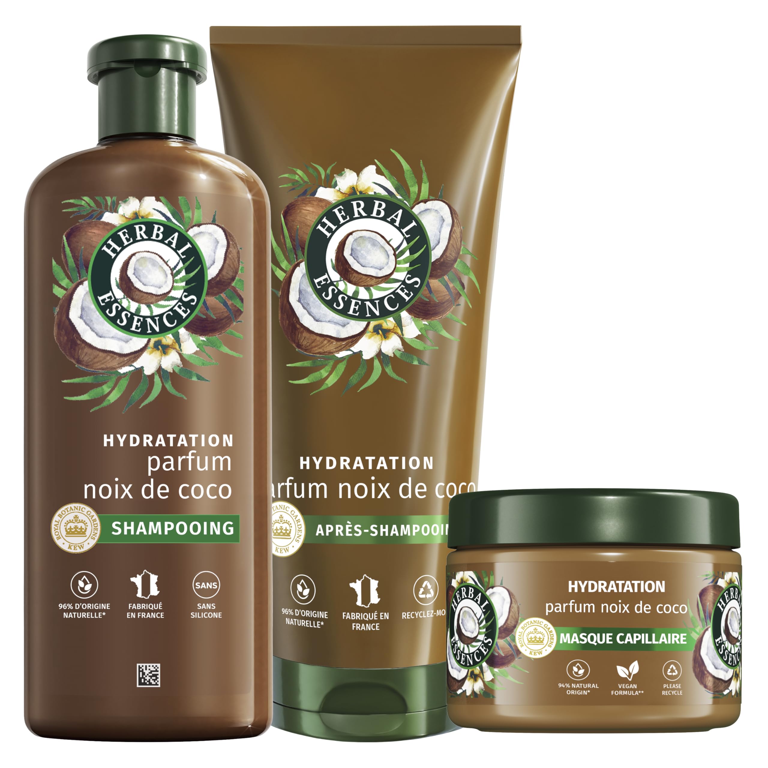 Herbal Essences Hydratation Shampoing Sans Sulfate Coffret Coco | Shampoing 250ml, Après-Shampoing 200ml, Masque 500ml. Aide à Nourrir et Lisser. Cheveux Doux. Ingrédients Naturels, Végan.