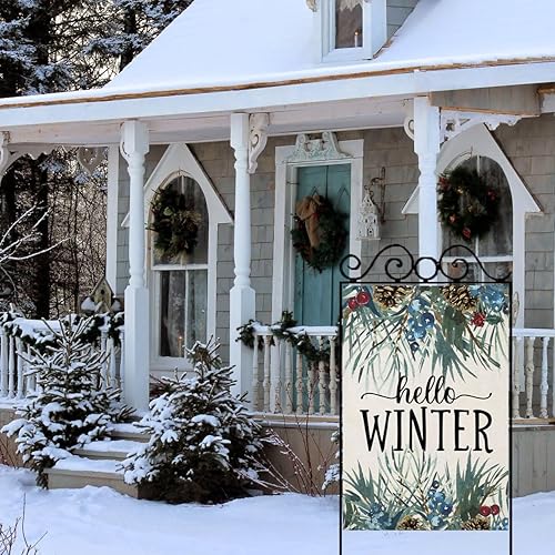Miniatura 10 de Banderas verticales de jardín de 12 x 18 pulgadas con texto en inglés Hello Winter de doble cara, ramitas de pino para exteriores, decoración