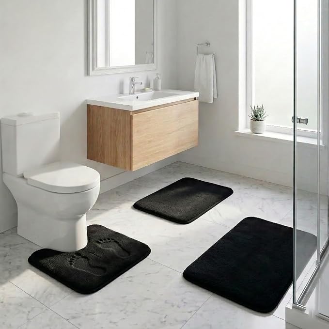 3-Piece Memory Foam Bathroom Rug Set, Non-Slip - Black