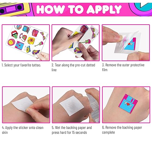 Miniatura 5 de Tatuajes temporales retro de Regreso a los años 90 y 80 para niños, diseños coloridos, 96 piezas, perfectos para fiestas temáticas de cumpleaños,